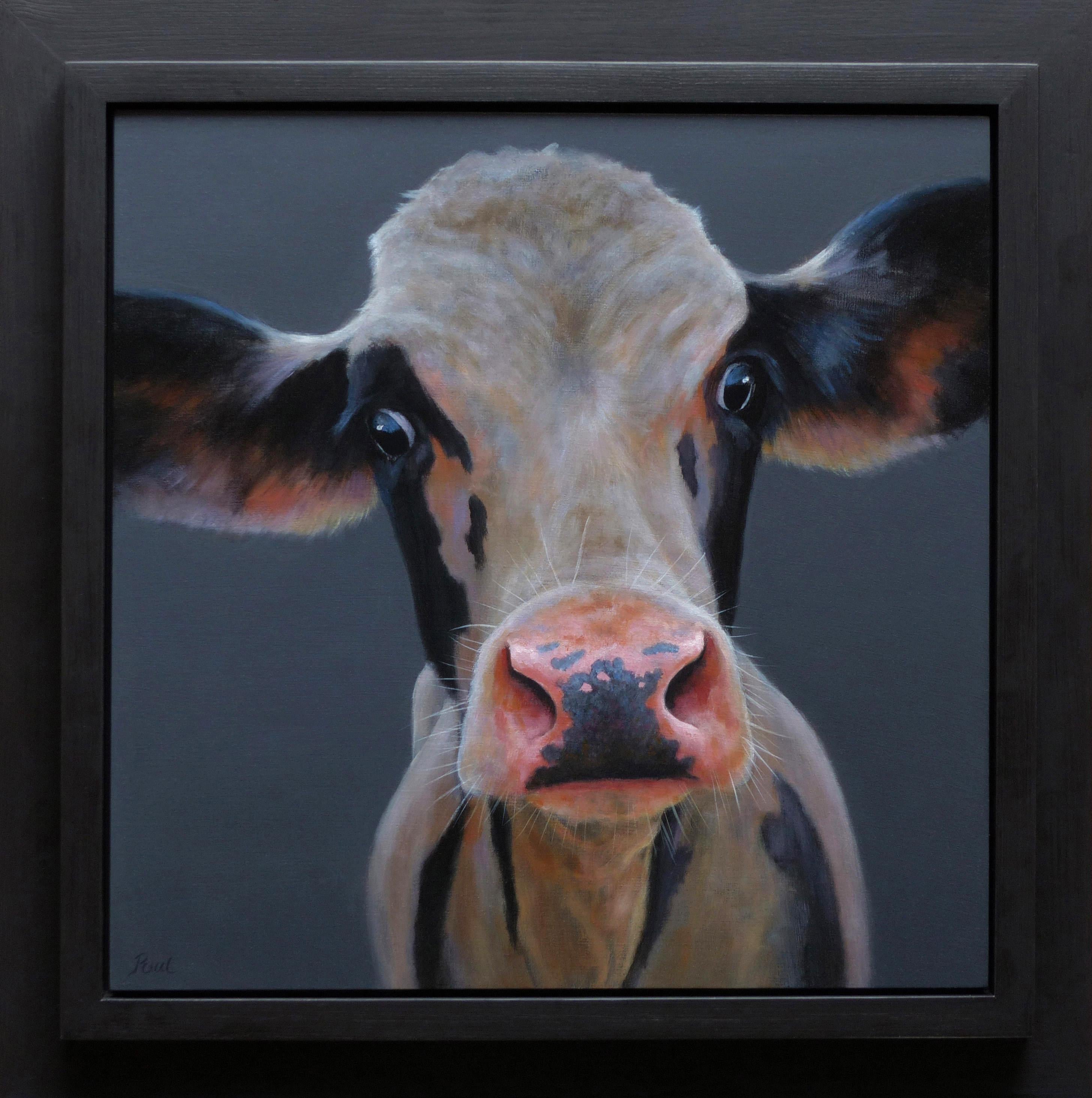 Figurative Painting Paul Jansen - "Portrait 418" Peinture à l'huile contemporaine néerlandaise d'un veau noir et blanc, vache