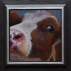 "Portrait 77" Peinture à l'huile hollandaise contemporaine d'un veau, d'une vache et d'un mouton de race Brown.