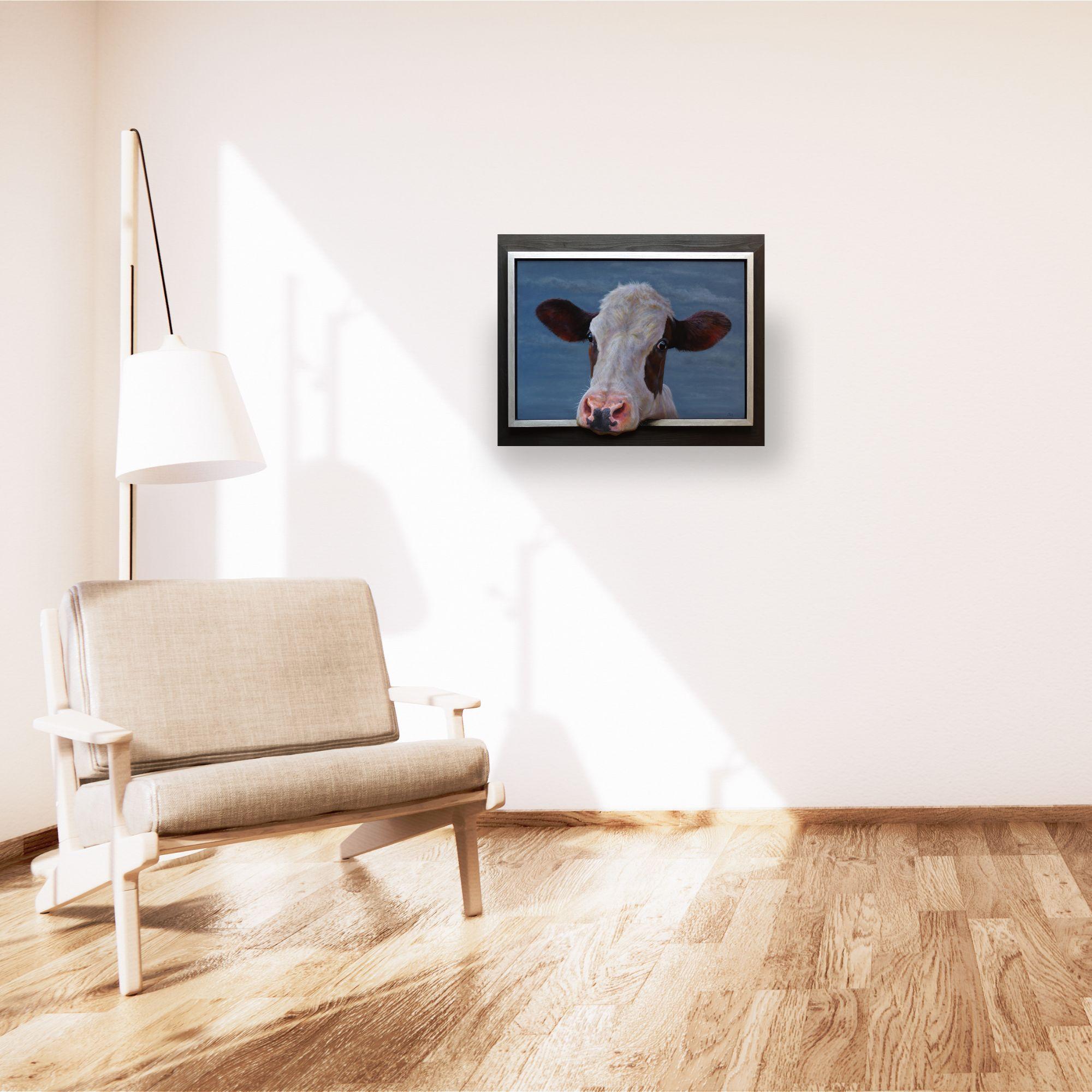 Retrato de Paul Jansen presenta un primer plano de una vaca que parece a la vez íntimo y monumental. El cuadro capta la cara de la vaca con sorprendente detalle, con su suave pelaje marrón y crema destacando sobre los tranquilos tonos del cielo. Sus