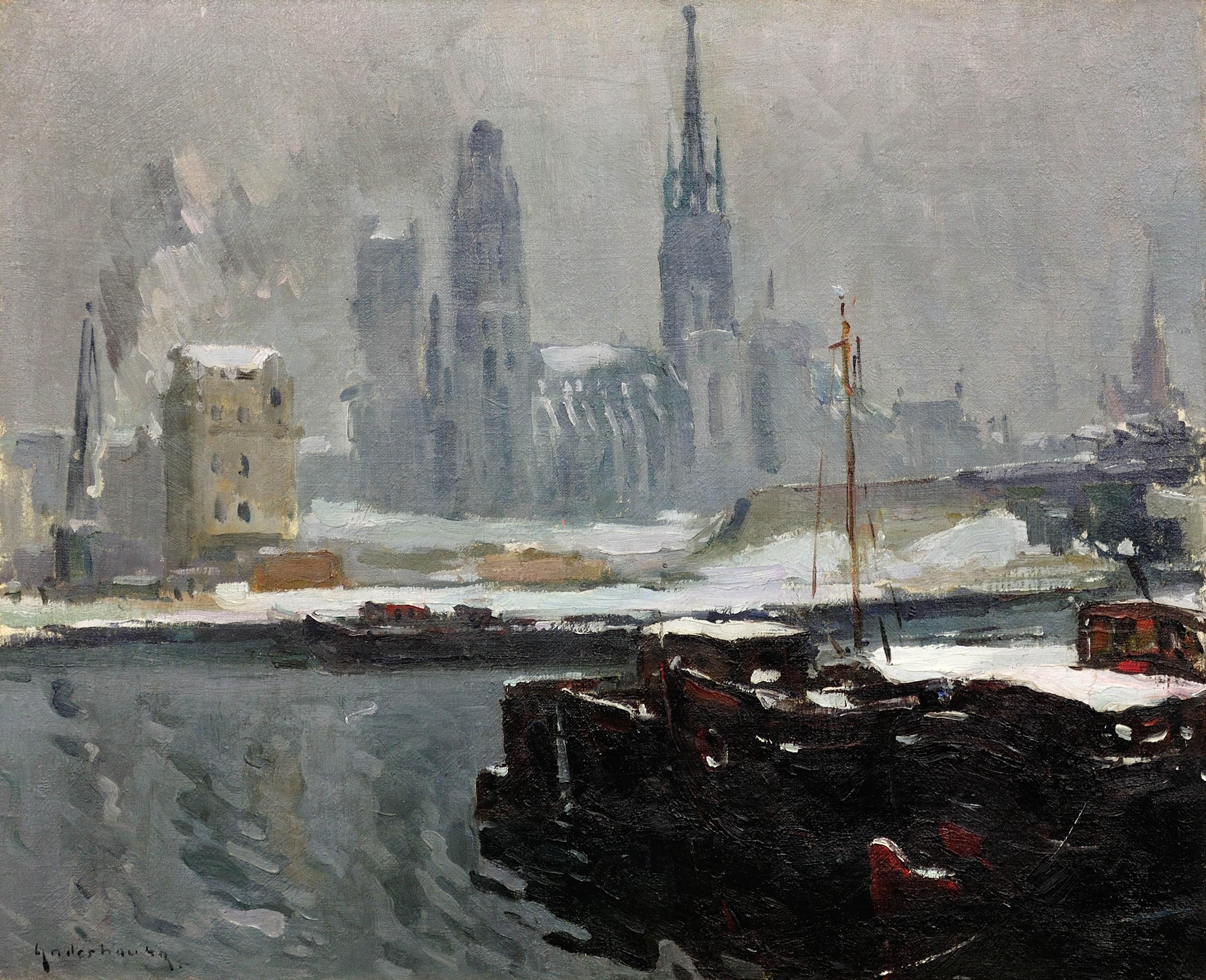 WWII Wartime Painting Rouen after Bombing & Bombardment.Cathedral & River Seine - Gray Landscape Painting by Paul-Jean Anderbouhr