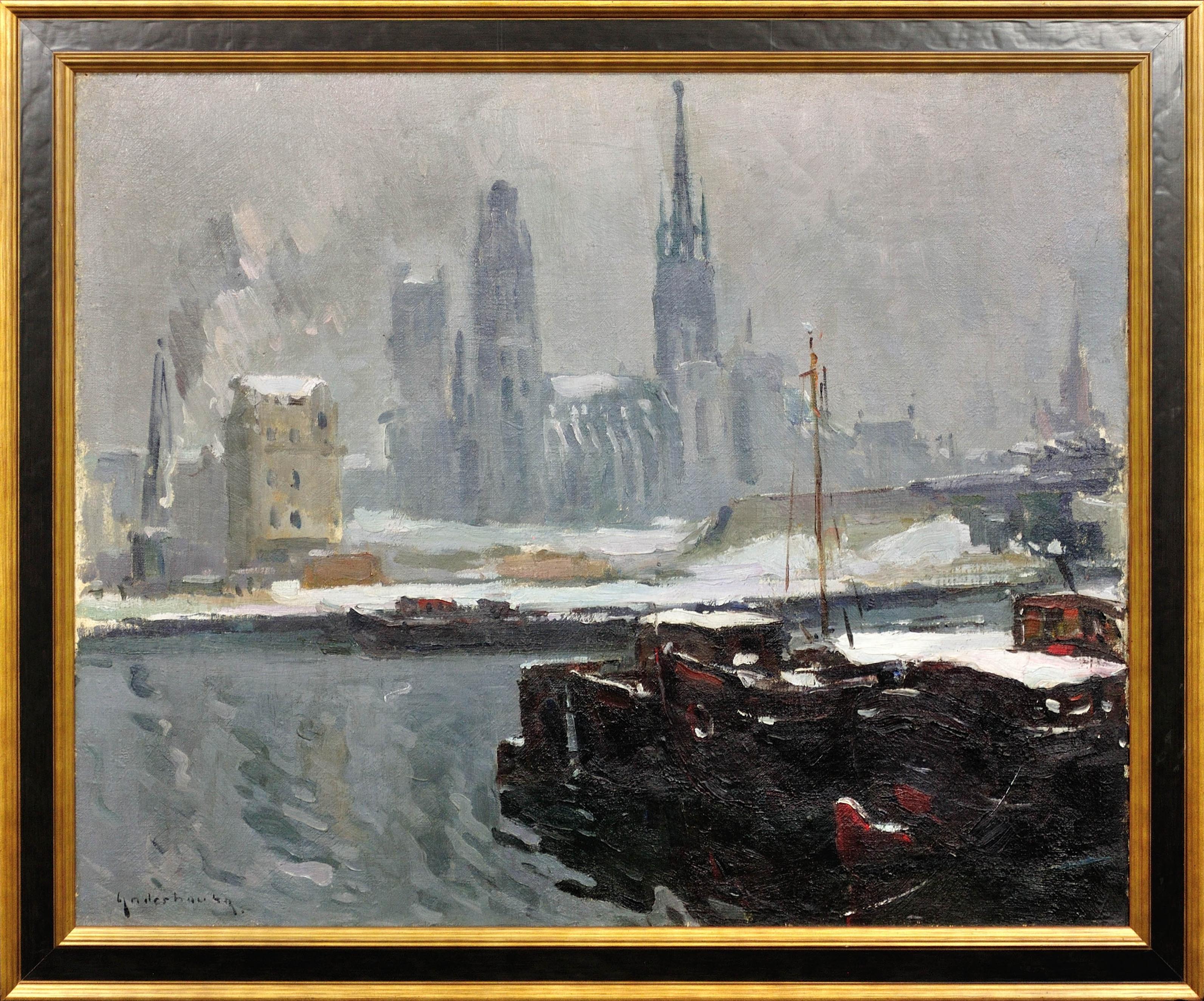 Landscape Painting Paul-Jean Anderbouhr - WWII Wartime Painting Rouen after Bombing & Bombardment.Cathedral & River Seine