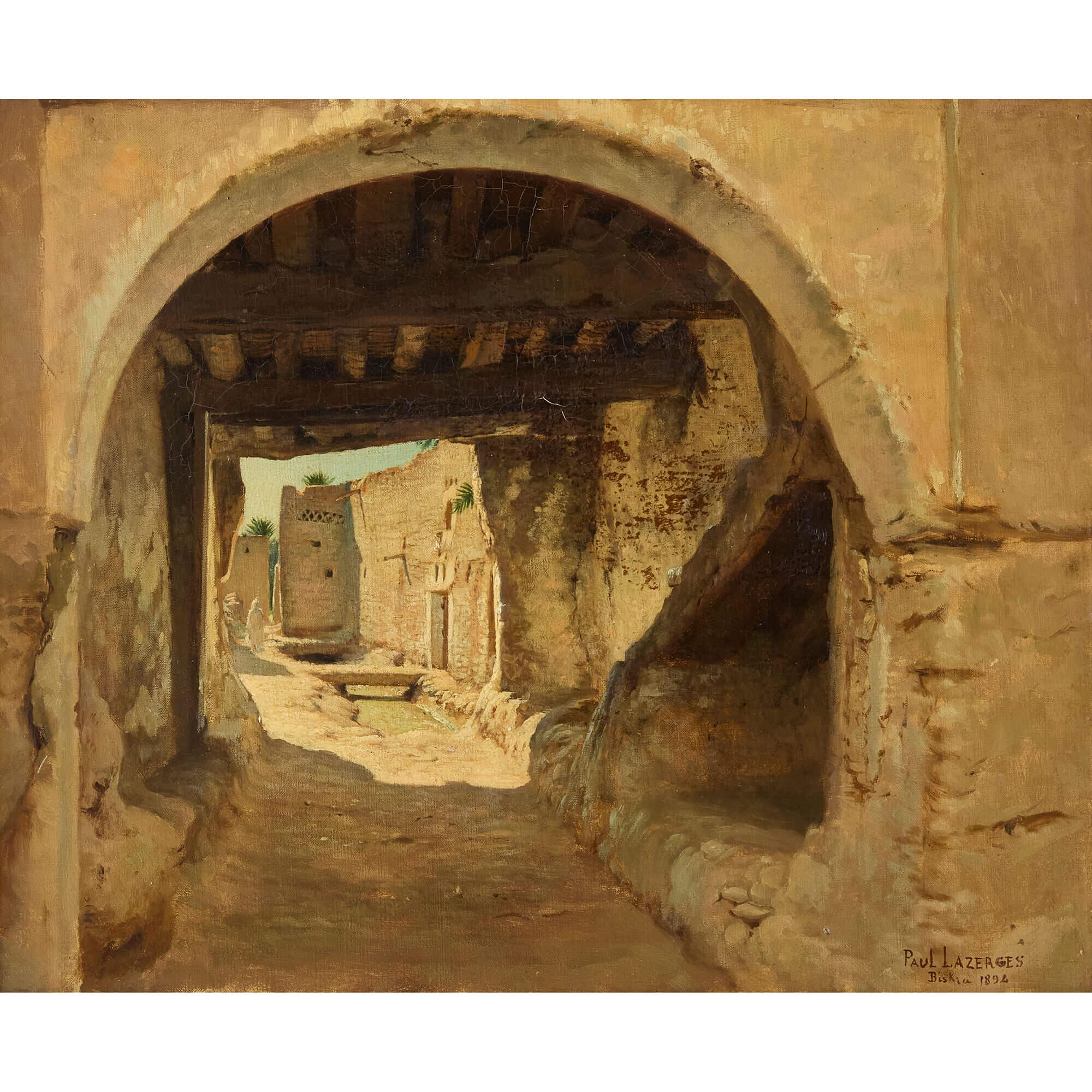 Peinture à l'huile orientaliste ancienne du Biskra de Paul Lazerges - Painting de Paul Jean Baptiste Lazerges