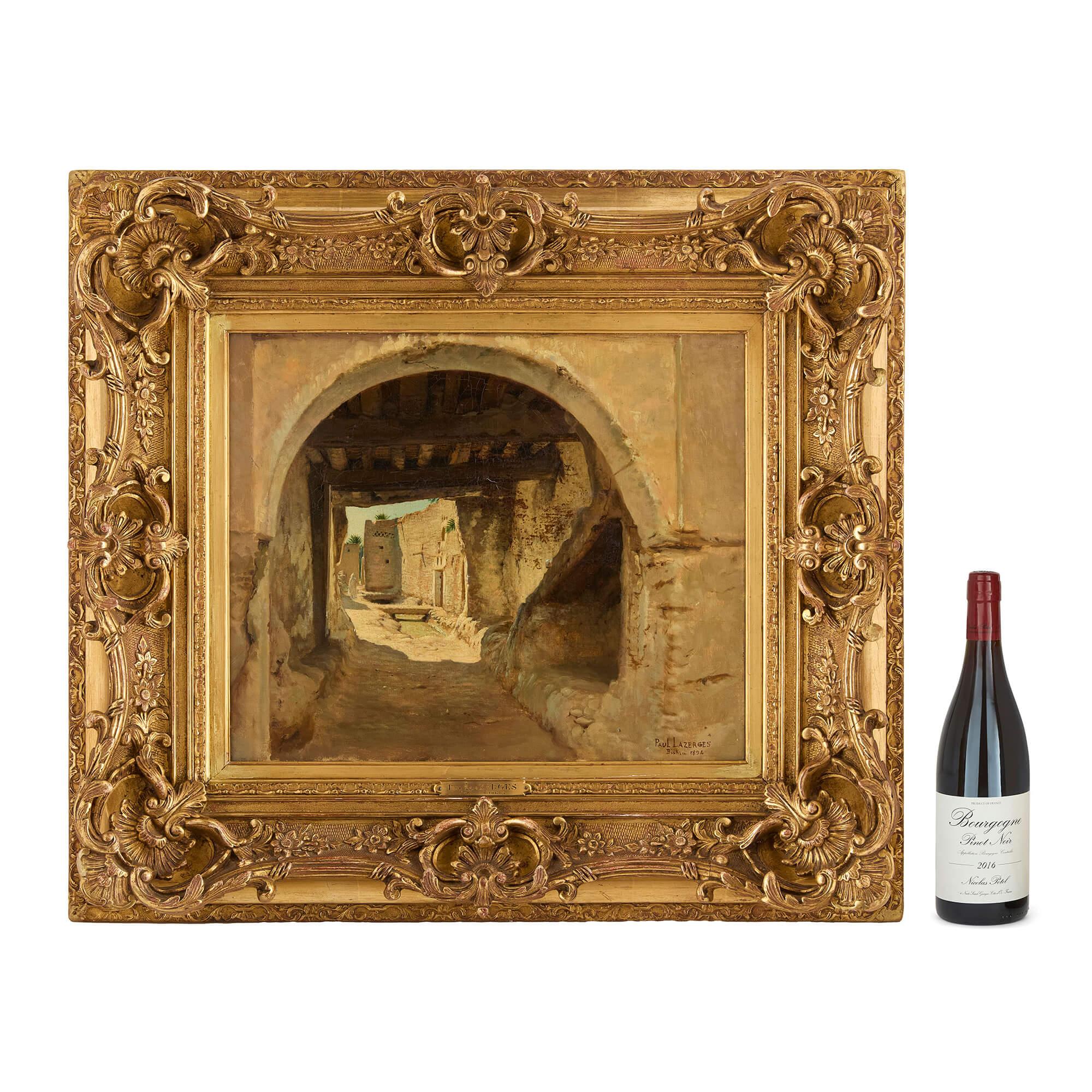 Ancienne peinture à l'huile orientaliste de Biskra par Paul Lazerges 
Français, 1894
Toile : Hauteur 39 cm, largeur 46 cm
Cadre : Hauteur 65 cm, largeur 73 cm, profondeur 10 cm

Cette huile sur toile du célèbre artiste français Paul Jean Baptiste