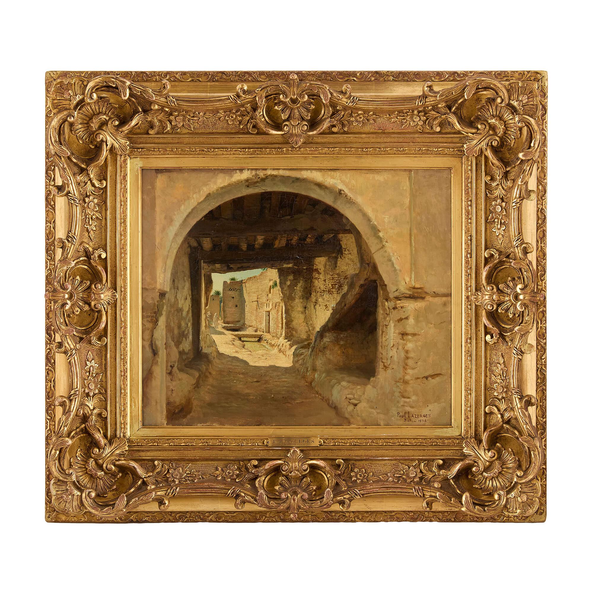 Landscape Painting Paul Jean Baptiste Lazerges - Peinture à l'huile orientaliste ancienne du Biskra de Paul Lazerges