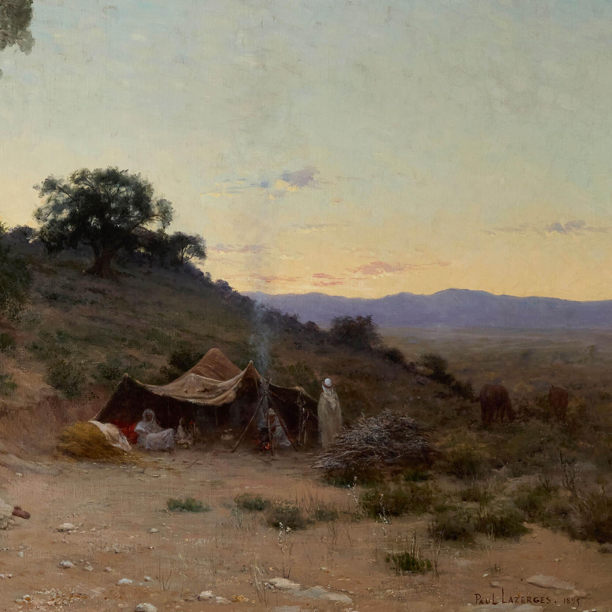 Großes orientalisches Gemälde einer Abendlandschaft von Lazerges
Französisch, 1895
Leinwand: Höhe 74cm, Breite 100cm
Rahmen: Höhe 105,5cm, Breite 131cm, Tiefe 8cm

Diese großartige orientalische Landschaft ist ein Werk des französischen