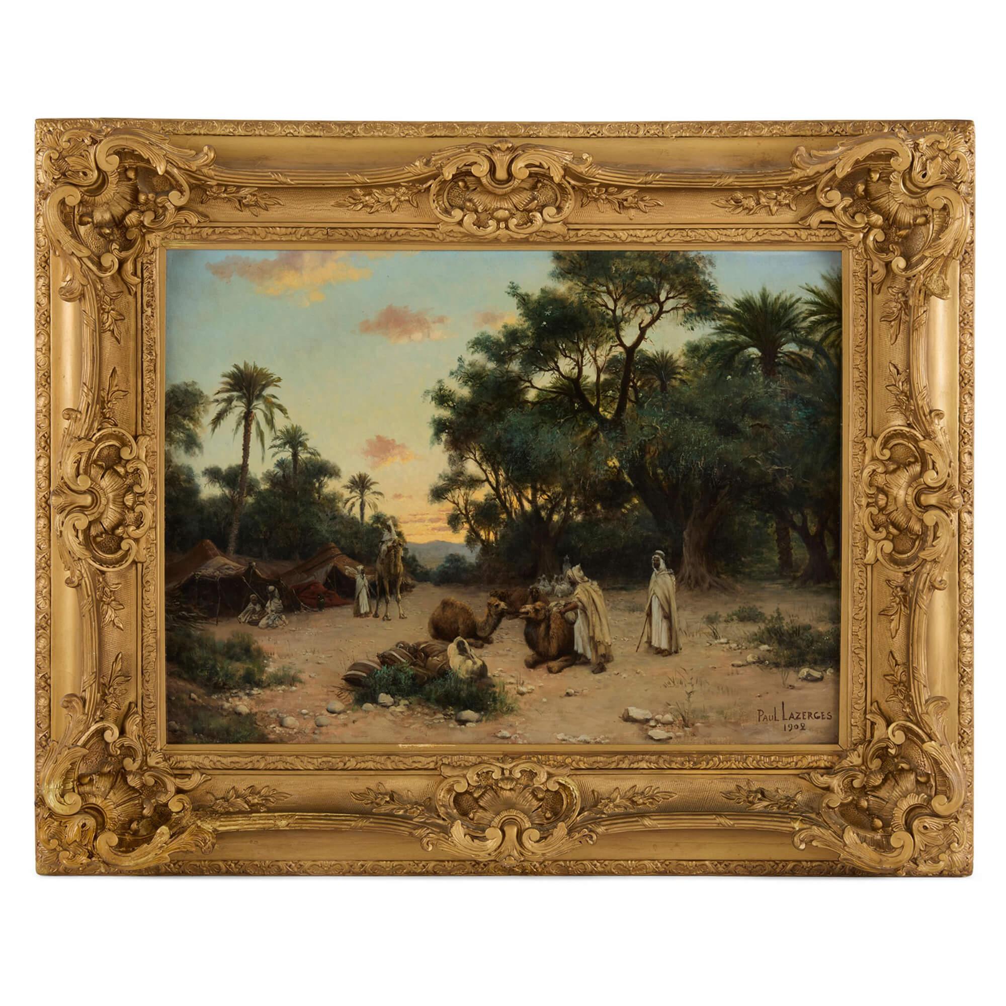 Large Orientalist painting ‘Twilight Caravan in the Desert’ by Lazerges