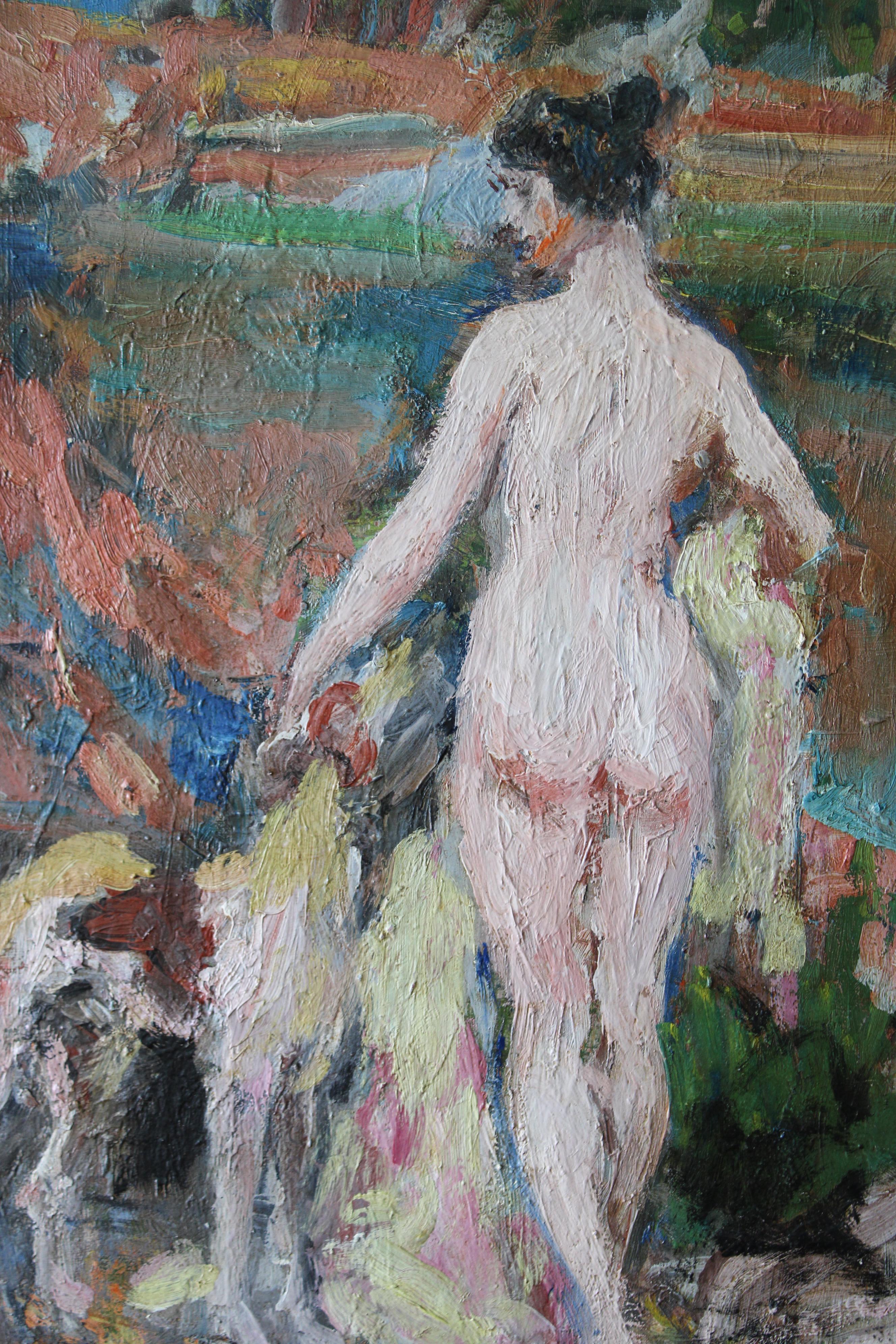 Nude & dog figurative post-impressionist oil painting, woman & dog portrait For Sale 8