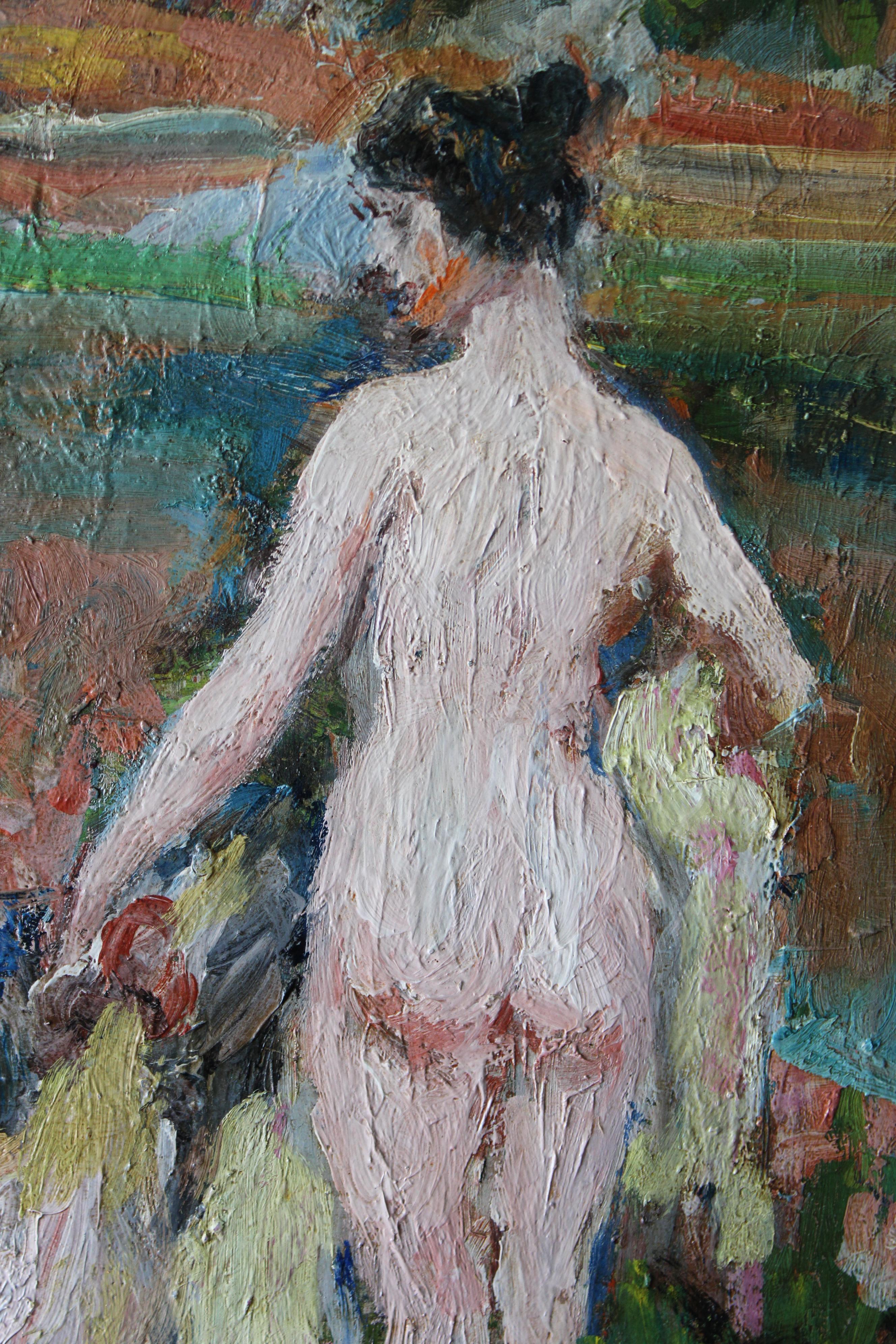 Akt & Hund figurative post-impressionistischen Ölgemälde, Frau & Hund Porträt – Painting von Paul Jean Gervais