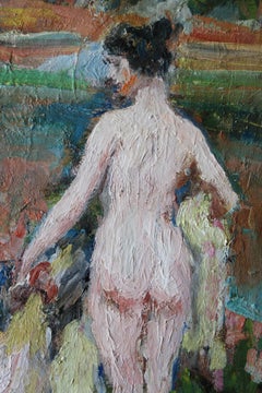 Nude & dog figurative post-impressionist oil painting, woman & dog portrait