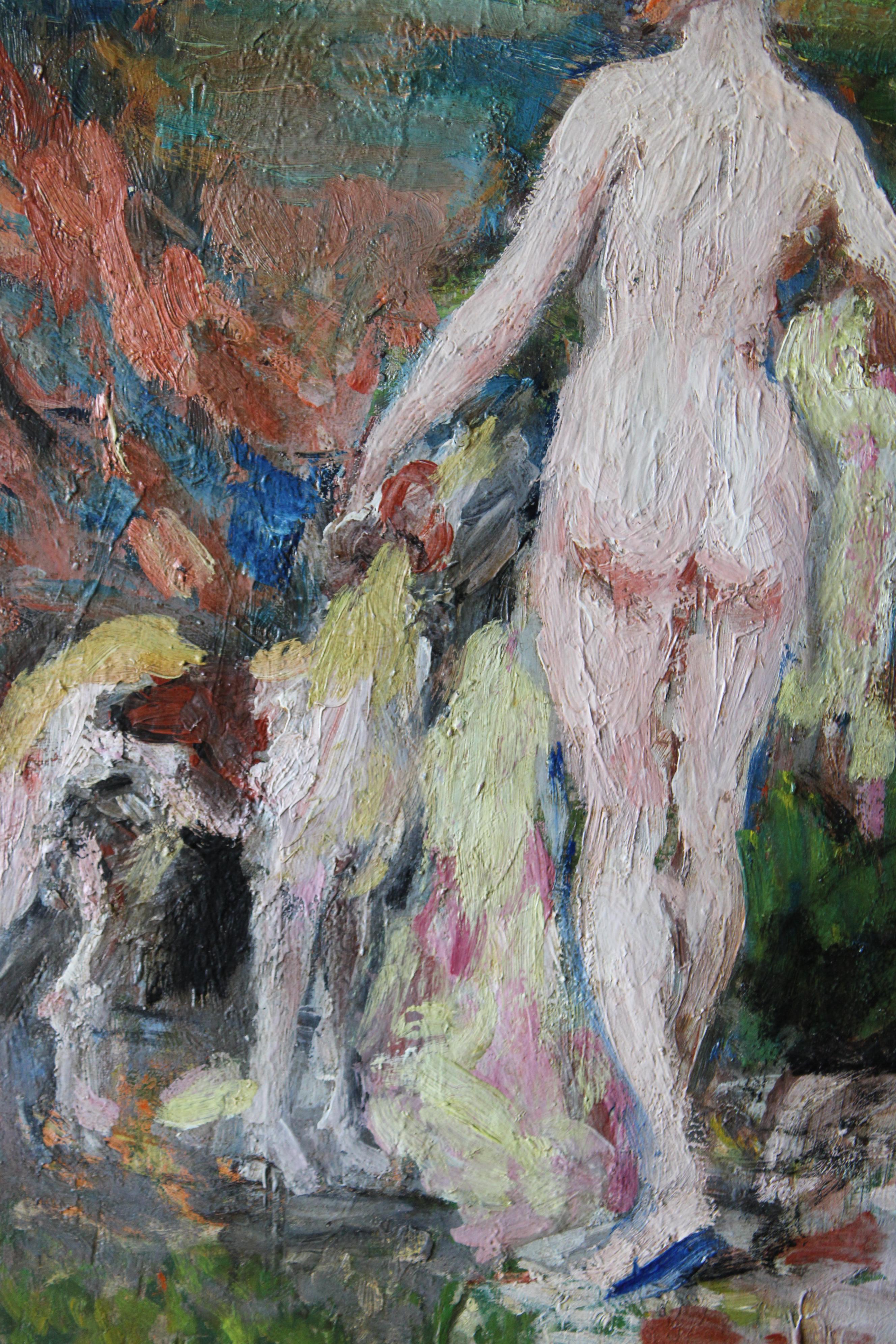 Nude & dog figurative post-impressionist oil painting, woman & dog portrait For Sale 1