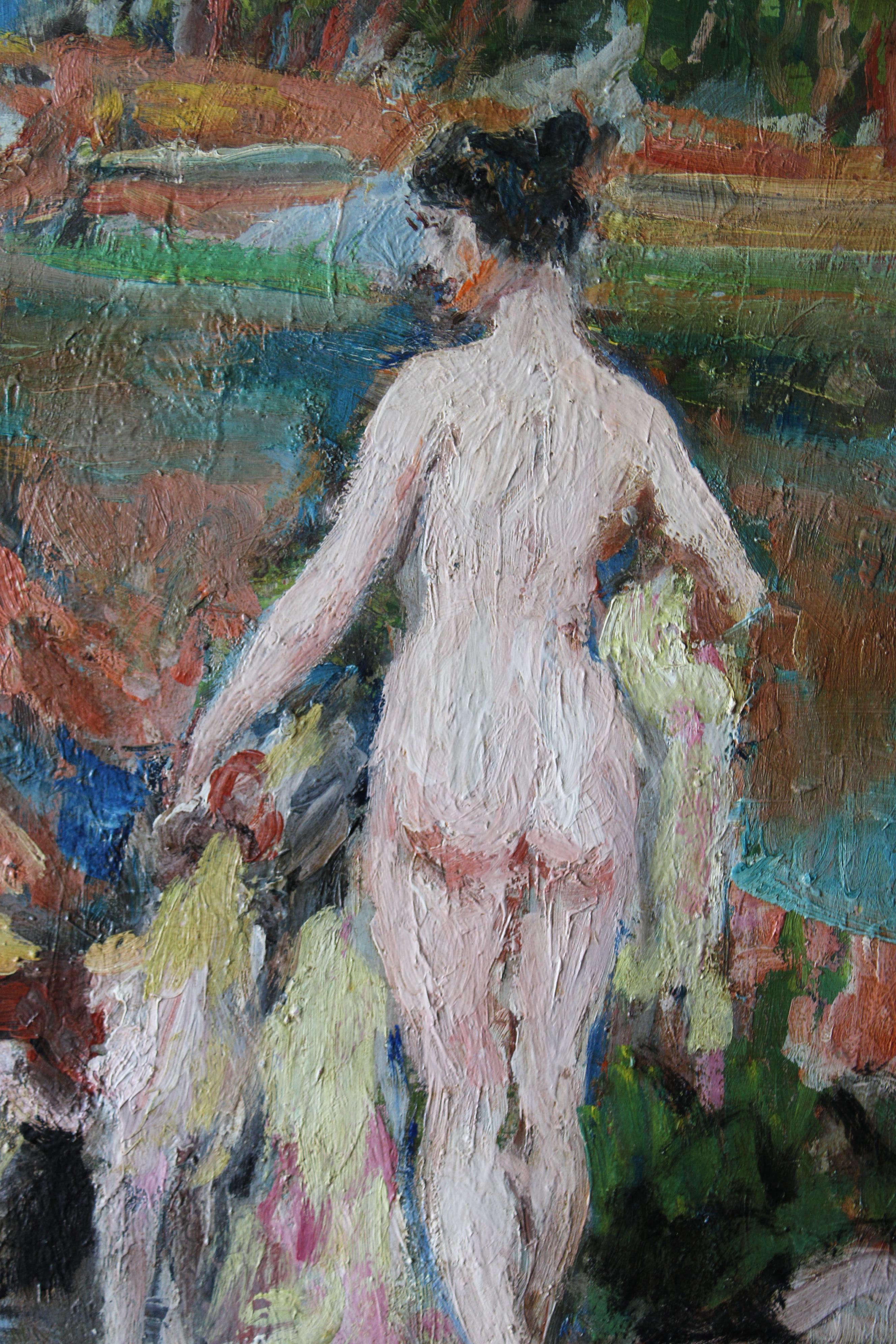 Nude & dog figurative post-impressionist oil painting, woman & dog portrait For Sale 4