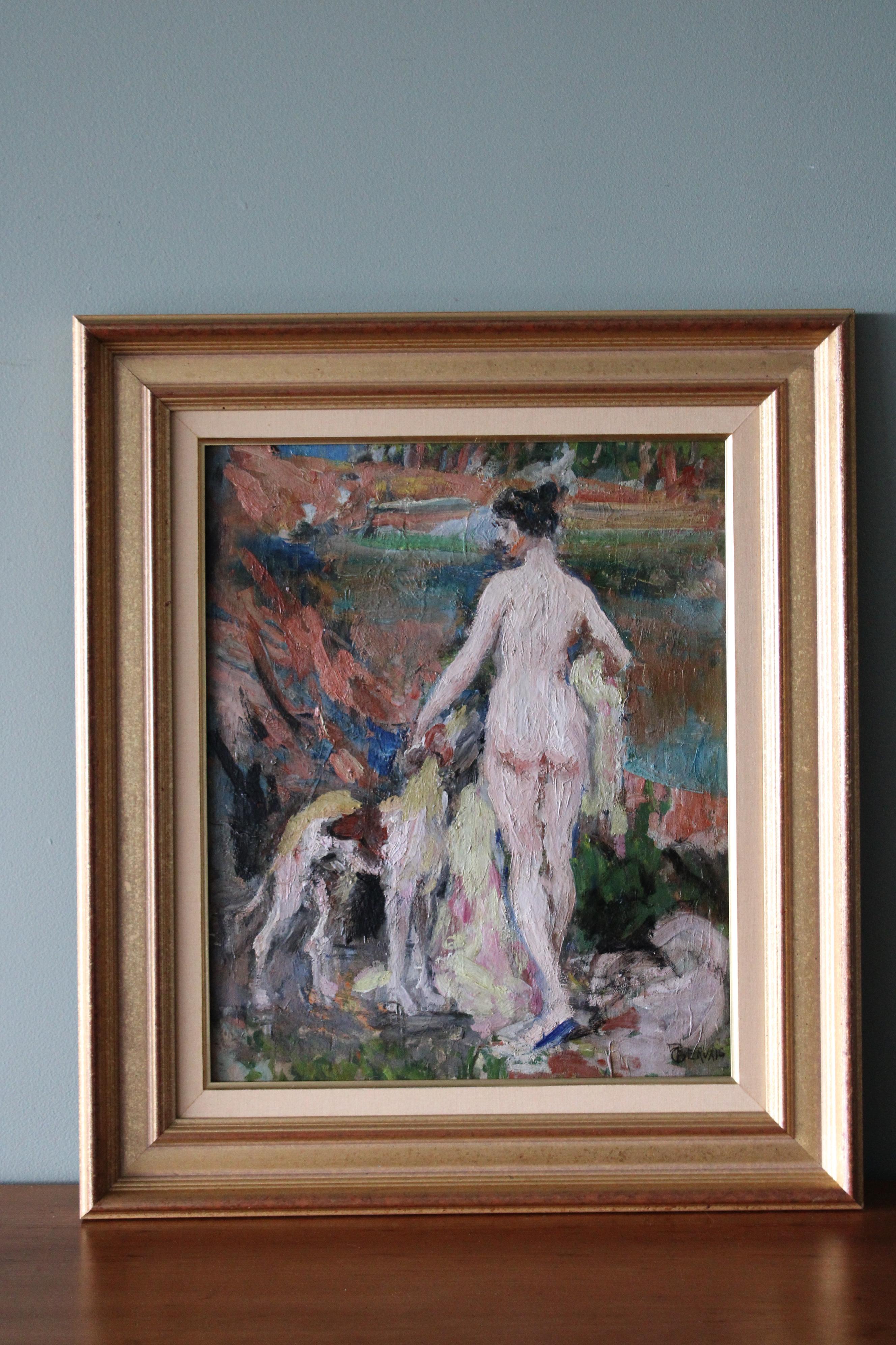 Antique nude portrait painting of a woman and her dog by French artist Paul Jean Gervais (1859-1944), signed in the lower right corner.  A very appealing impressionist oil painting on wood board with plenty of elevated texture to the touch with