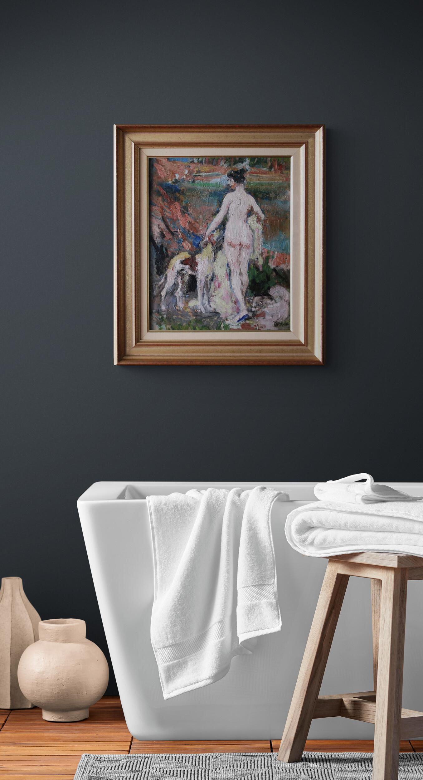 Akt & Hund figurative post-impressionistischen Ölgemälde, Frau & Hund Porträt (Post-Impressionismus), Painting, von Paul Jean Gervais