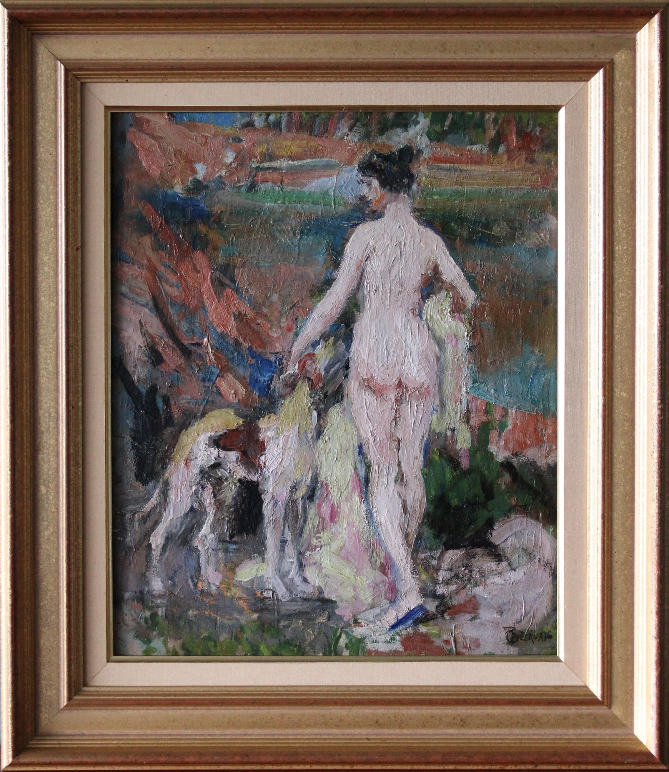 Paul Jean Gervais Nude Painting - Nude & dog figurative post-impressionist oil painting, woman & dog portrait