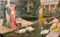 French Academic Oil Painting – Classical Garden with Female Figures and Swans