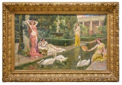 French Academic Oil Painting – Classical Garden with Female Figures and Swans