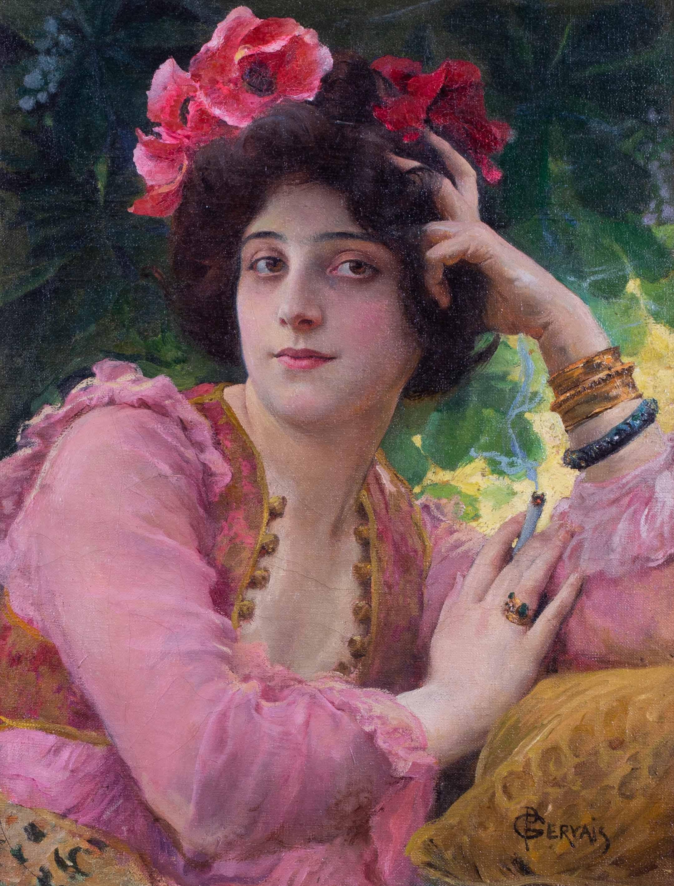 Quadro originale per la pubblicità delle sigarette JOB, 1900, dell'artista francese Gervais - Painting di Paul-Jean-Louis Gervais