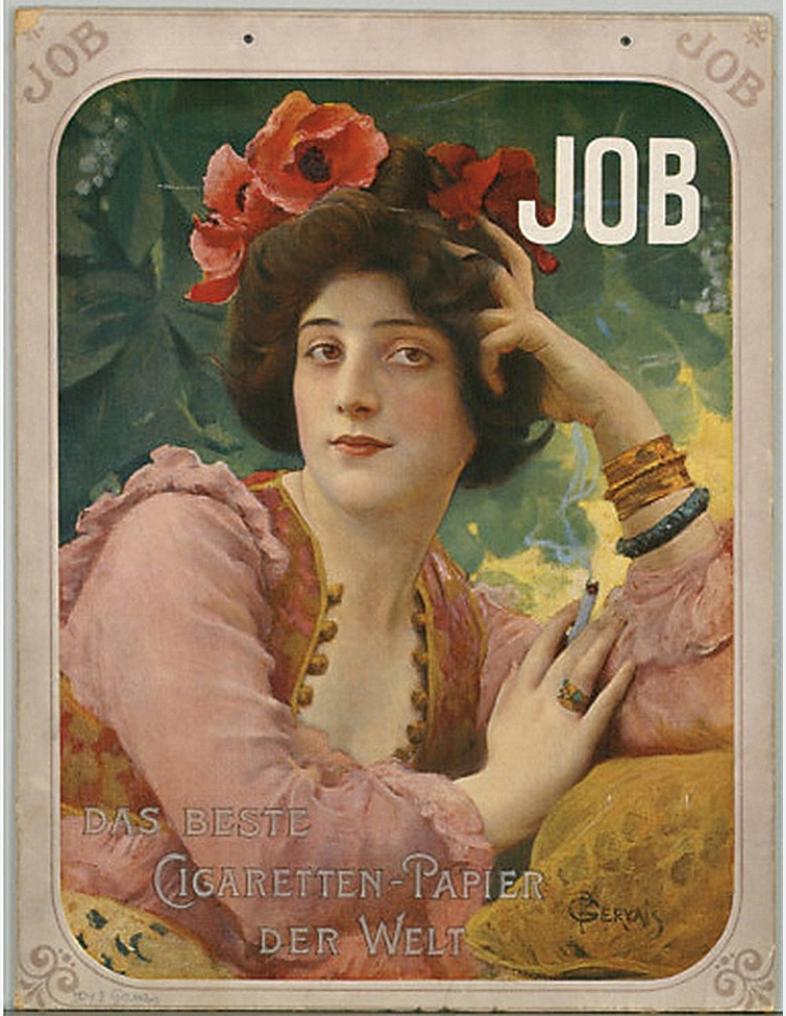 Quadro originale per la pubblicità delle sigarette JOB, 1900, dell'artista francese Gervais - Figurative Painting Marrone di Paul-Jean-Louis Gervais