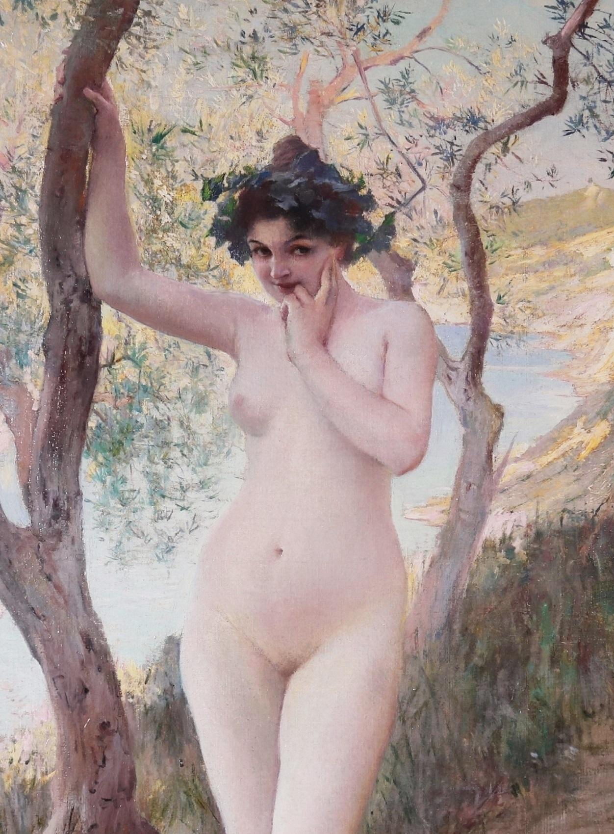The Wood Nymph - Large 19th Century French Post Impressionist Nude Portrait - Brown Nude Painting by Paul-Jean-Louis Gervais