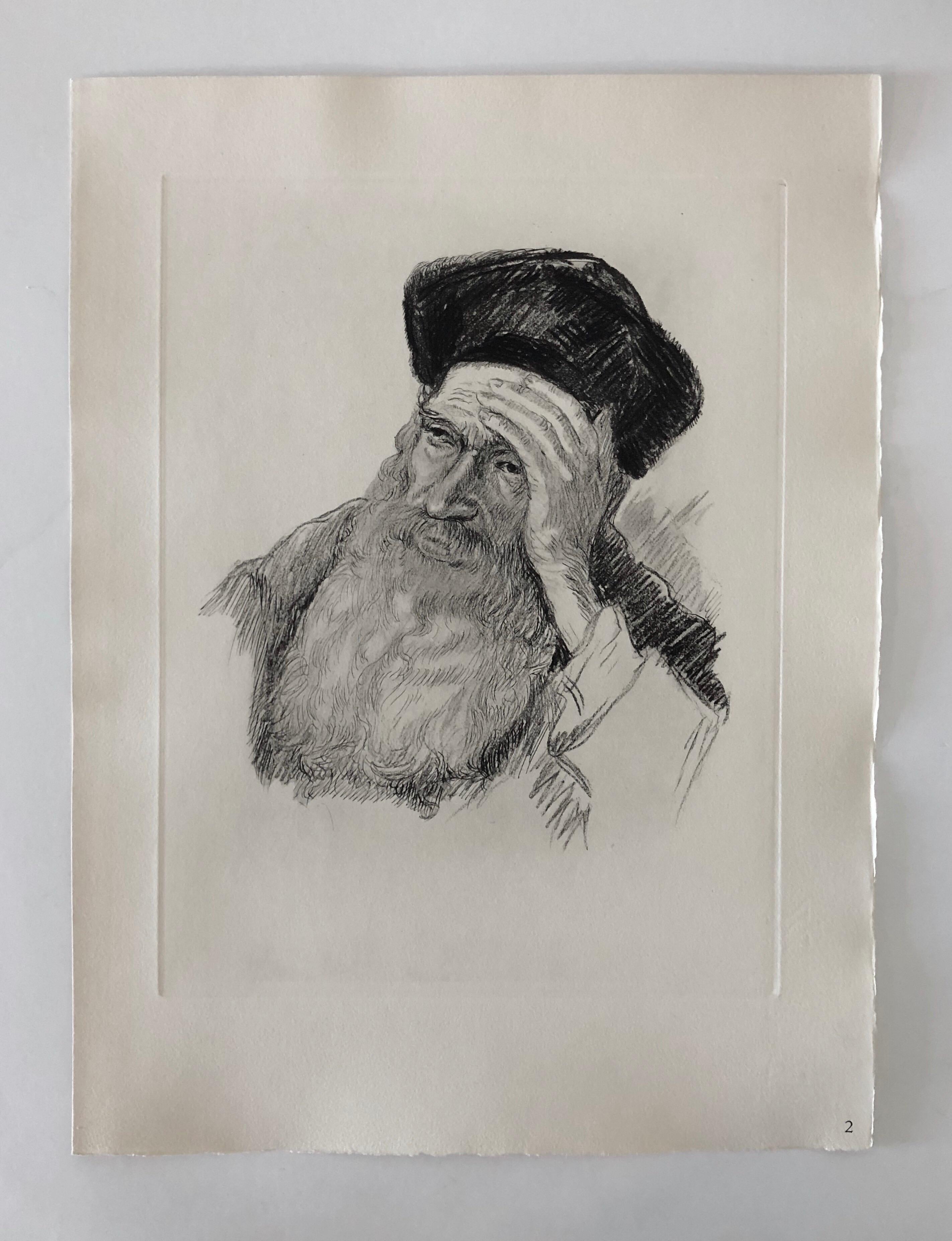 Judaica Jewish Etching Hasidic Rabbi, Gaon, Genius, Vintage Chassidic Art Print - Gray Portrait Print by Paul Jeffay