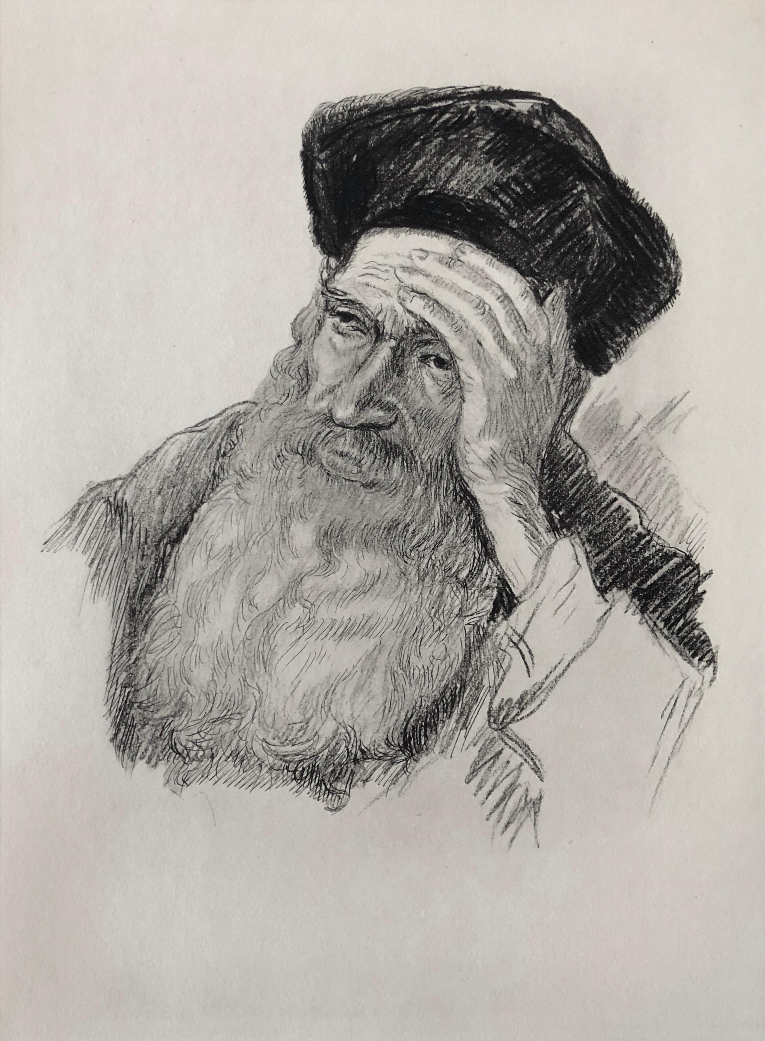 Portrait Print Paul Jeffay - Gravure judaïque juive ancienne représentant un lapin haïdic, Gaon, génie, impression d'art chassidic vintage
