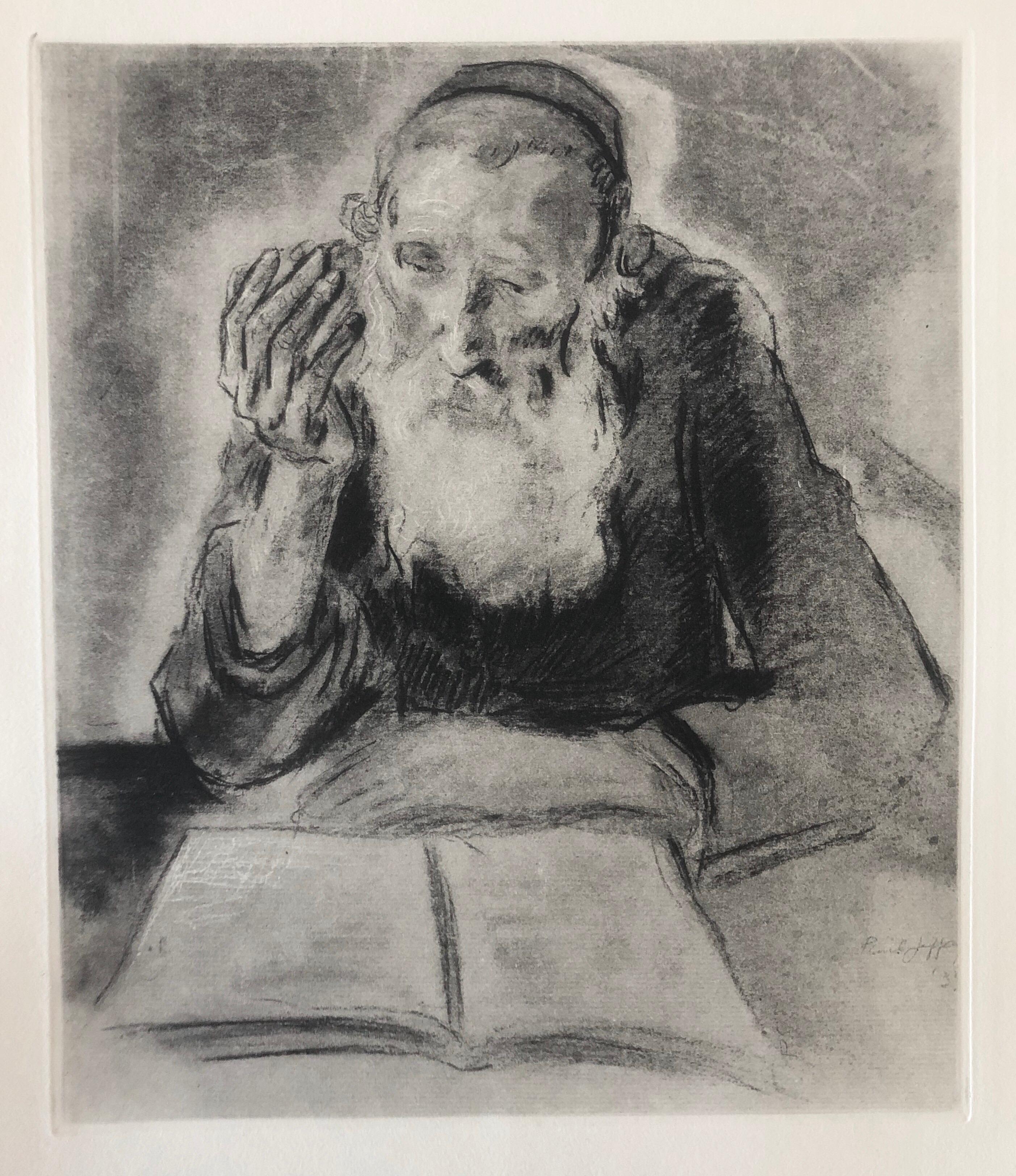 Judaica Jewish Shtetl Radierung Hasidic Rabbi at Study Vintage Chassidic Print (Grau), Interior Print, von Paul Jeffay