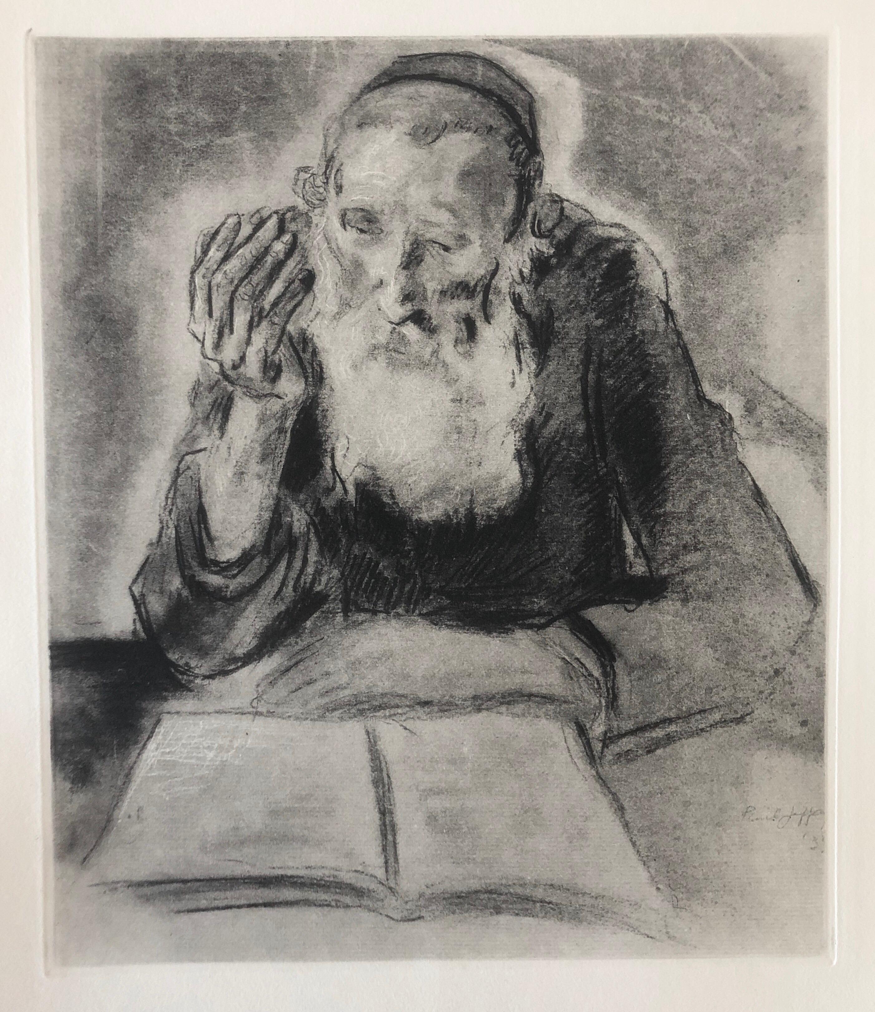 Judaica Jewish Shtetl Etching Hasidic Rabbi at Study Vintage Chassidic Print - Gray Interior Print by Paul Jeffay