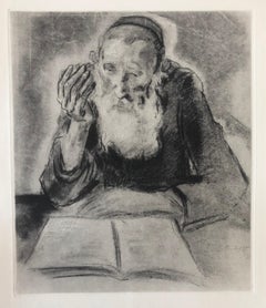 Judaica Jewish Shtetl Etching Hasidic Rabbi at Study Vintage Chassidic Print