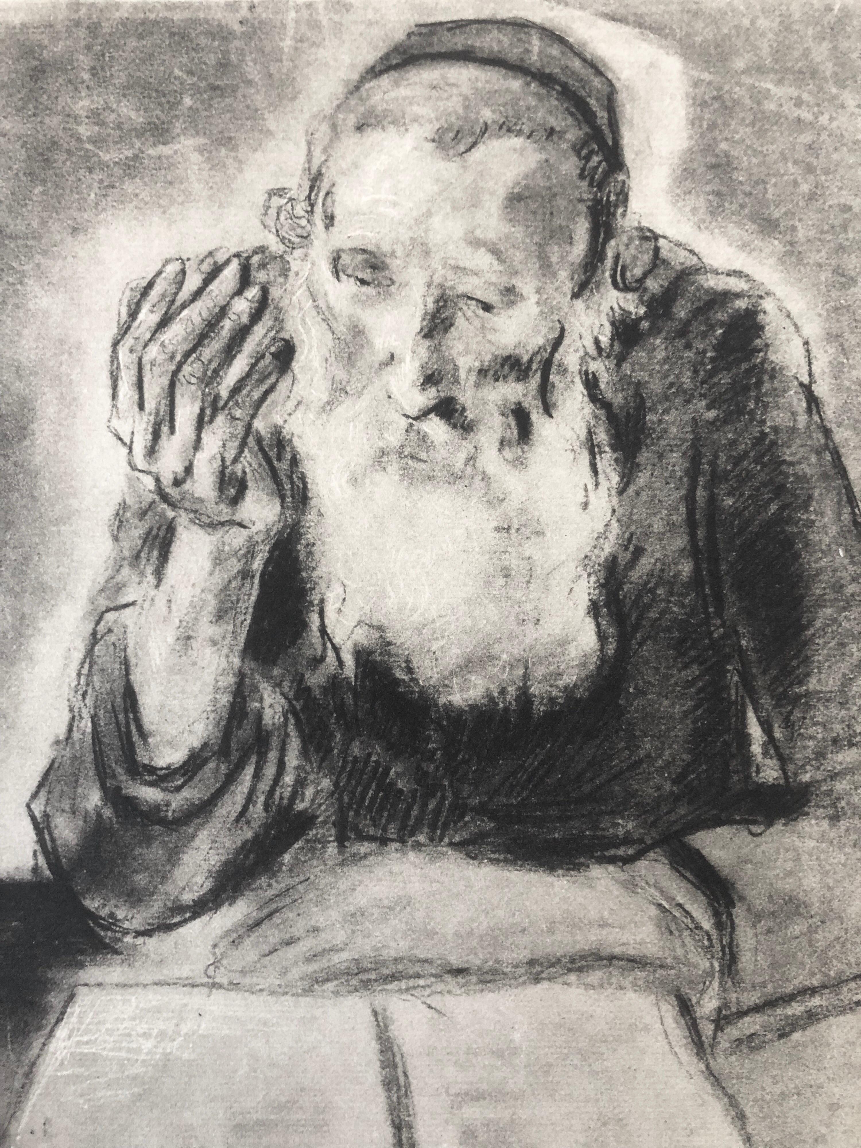 Older Chassidic rabbi learning with open book, Judaica, Jewish scenes from a ghetto.

Saul Yaffie, a.k.a. Paul Jeffay, (1898–1957) was a Scottish Jewish artist. Known for his charming French street scenes as well as his judaica work. This is signed