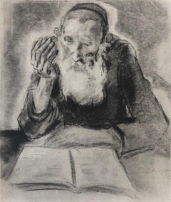 Judaica Jewish Shtetl Etching Hasidic Rabbi at Study Vintage Chassidic Print