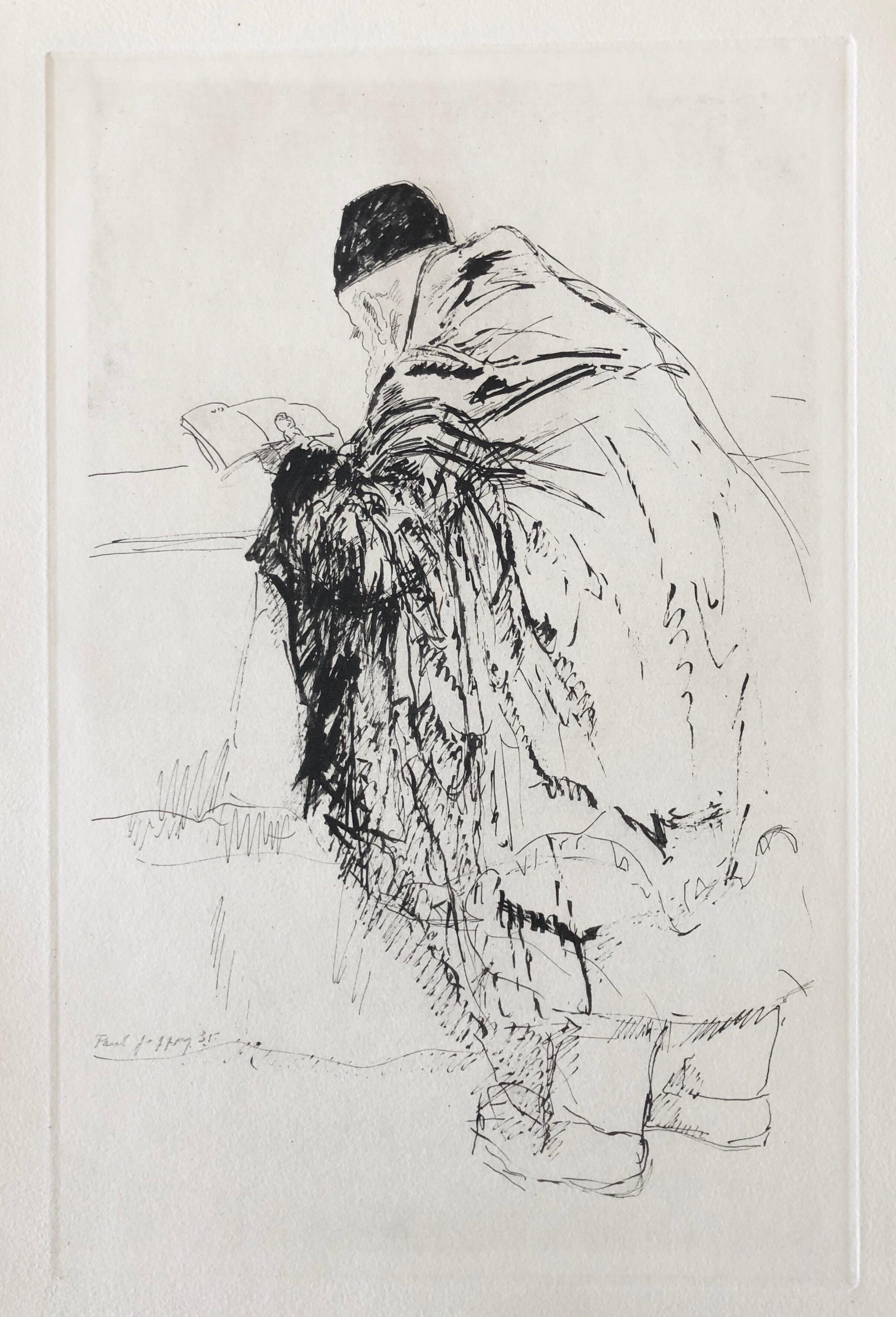 Judaica Jewish Shtetl Etching Hasidic Rabbi in Prayer Vintage Chassidic Print - Gray Figurative Print by Paul Jeffay