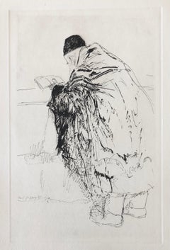 Judaica Jewish Shtetl Etching Hasidic Rabbi in Prayer Vintage Chassidic Print
