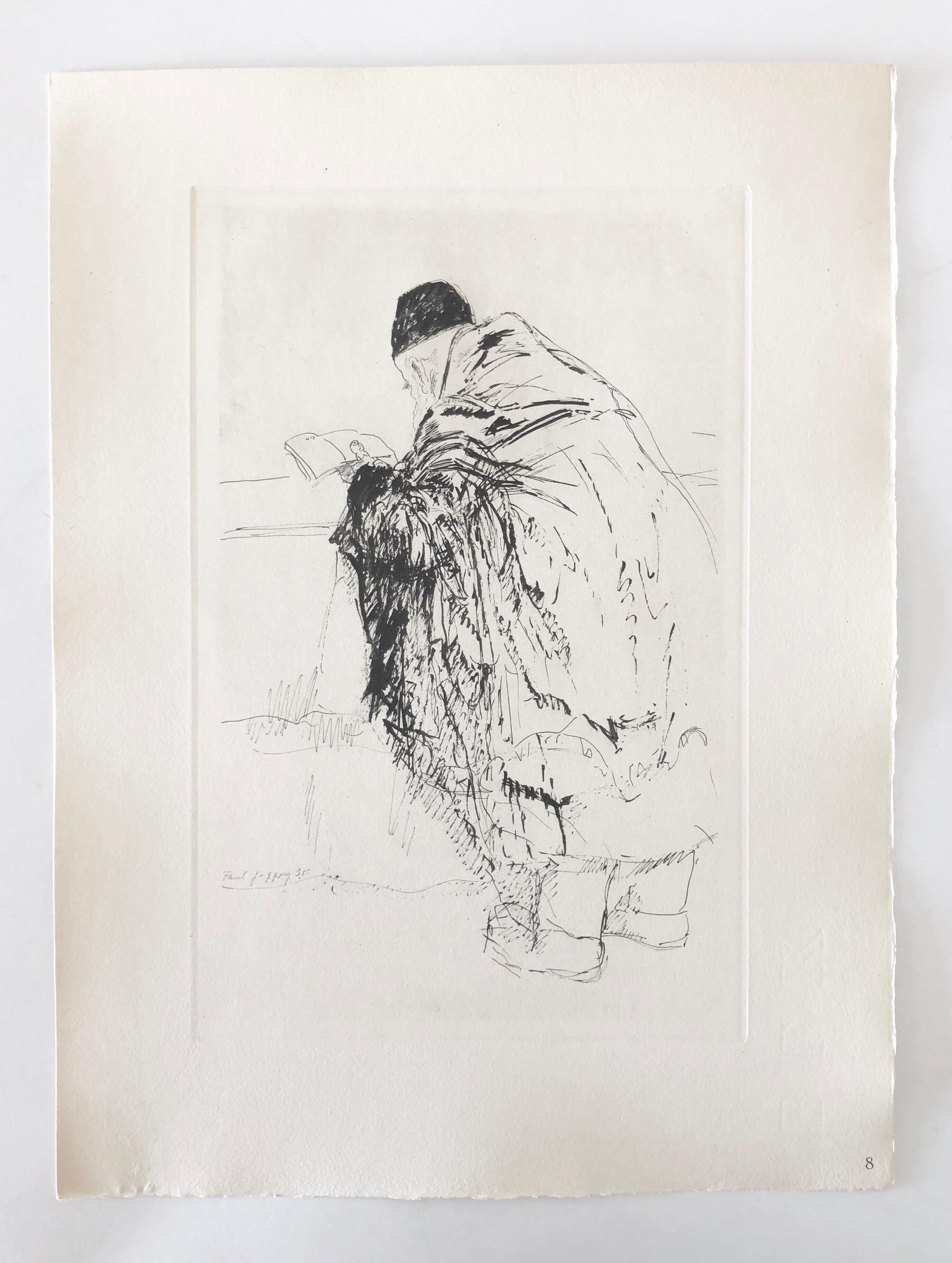 Judaica Jewish Shtetl Etching Hasidic Rabbi in Prayer Vintage Chassidic Print For Sale 2