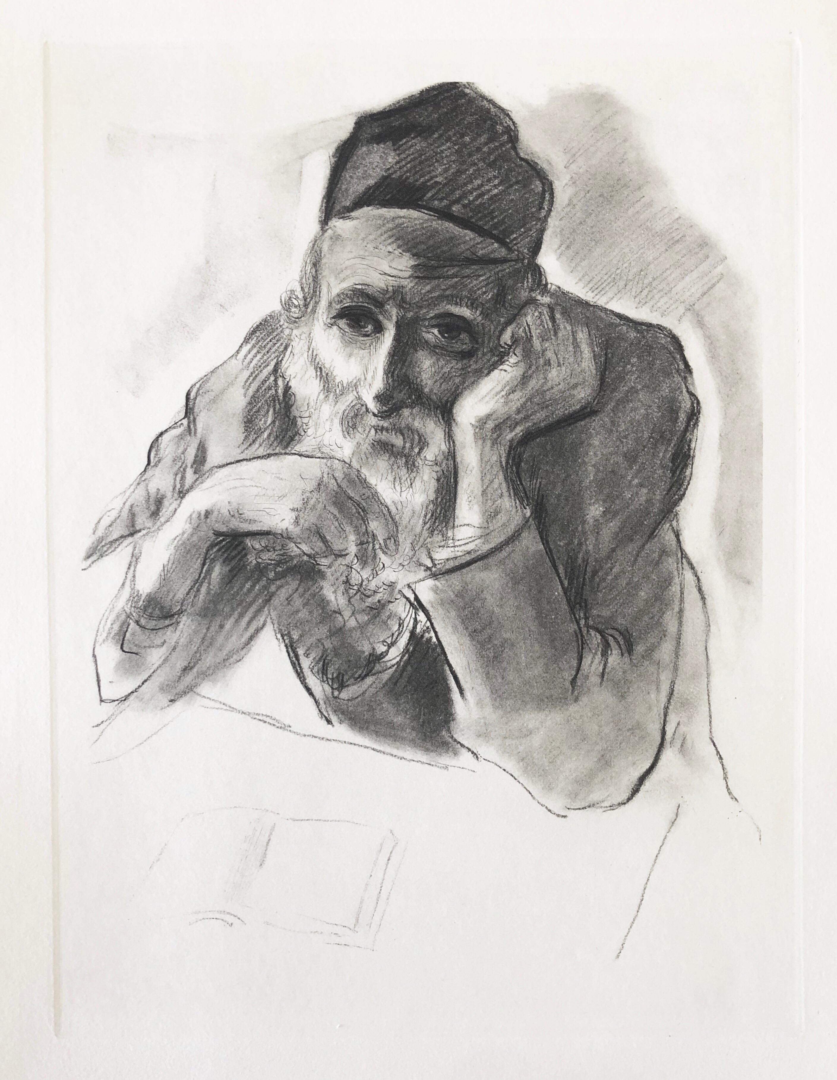 Judaica Jewish Shtetl Etching Hasidic Rabbi Meditation Vintage Chassidic Print - Gray Figurative Print by Paul Jeffay