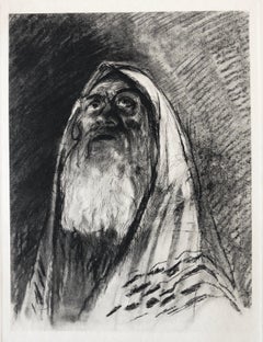 Judaica Jewish Shtetl Etching Hasidic Rabbi, Meditation Vintage Chassidic Print