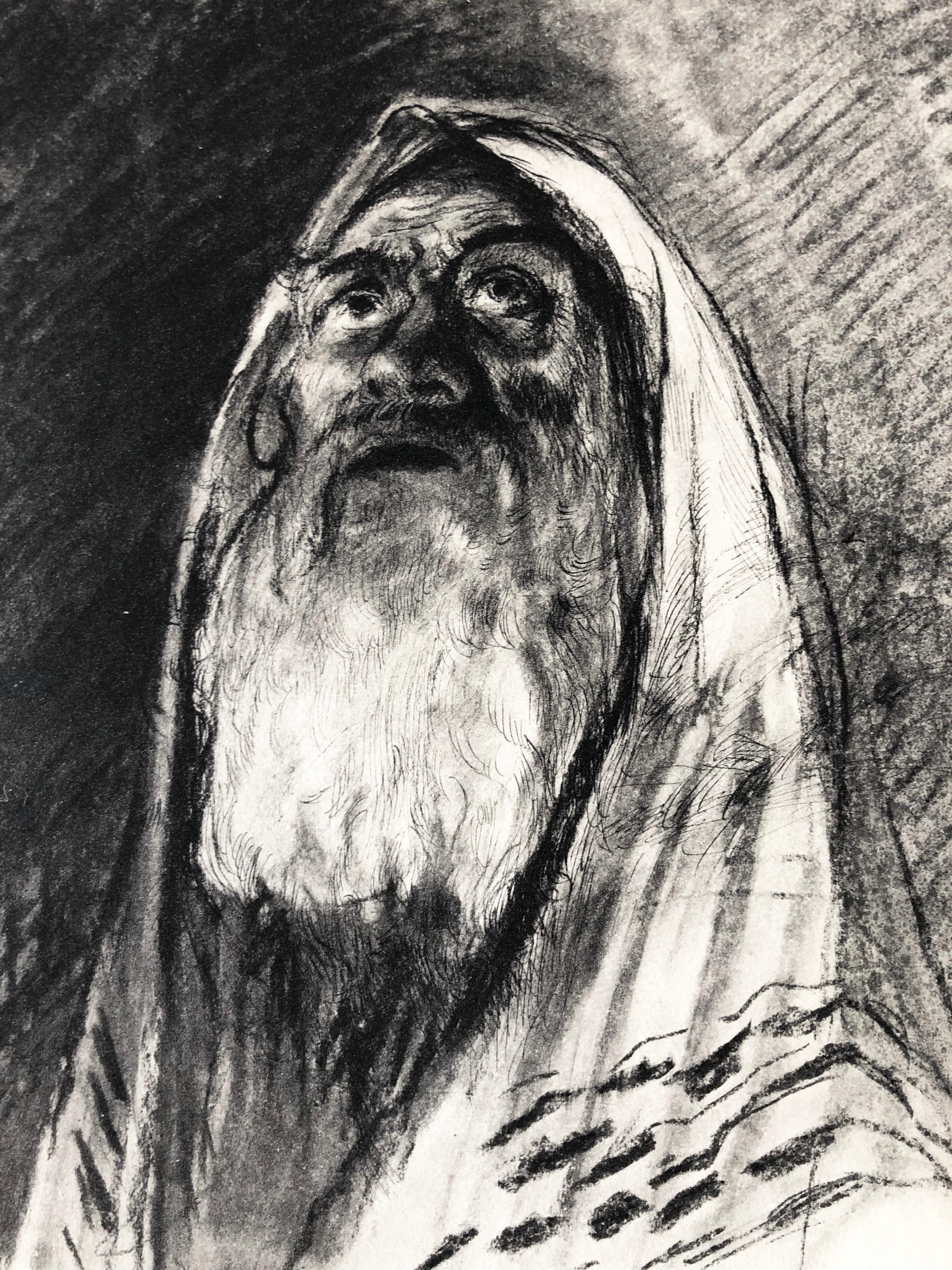 Judaica Jewish Shtetl Etching Hasidic Rabbi, Meditation Vintage Chassidic Print - Black Figurative Print by Paul Jeffay