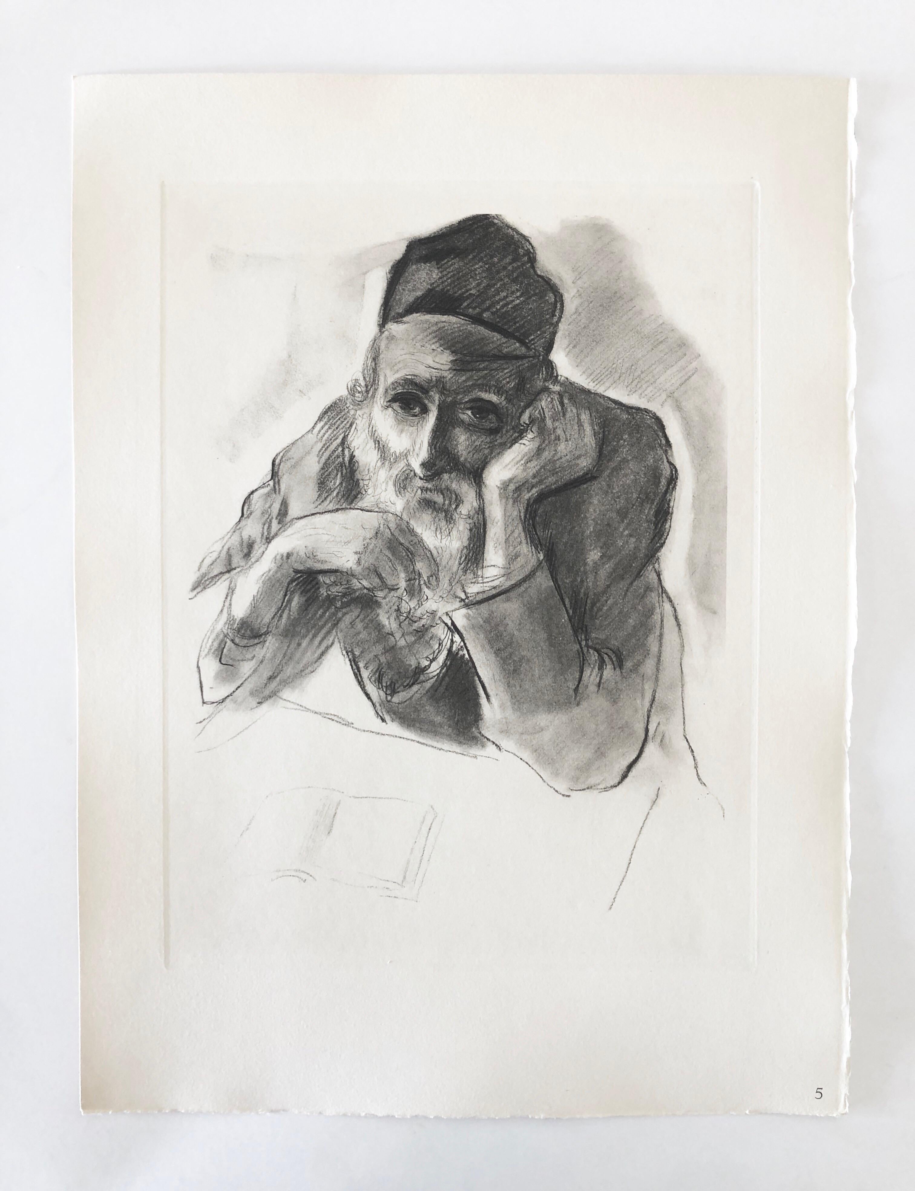Judaica Jewish Shtetl Etching Hasidic Rabbi Meditation Vintage Chassidic Print For Sale 1