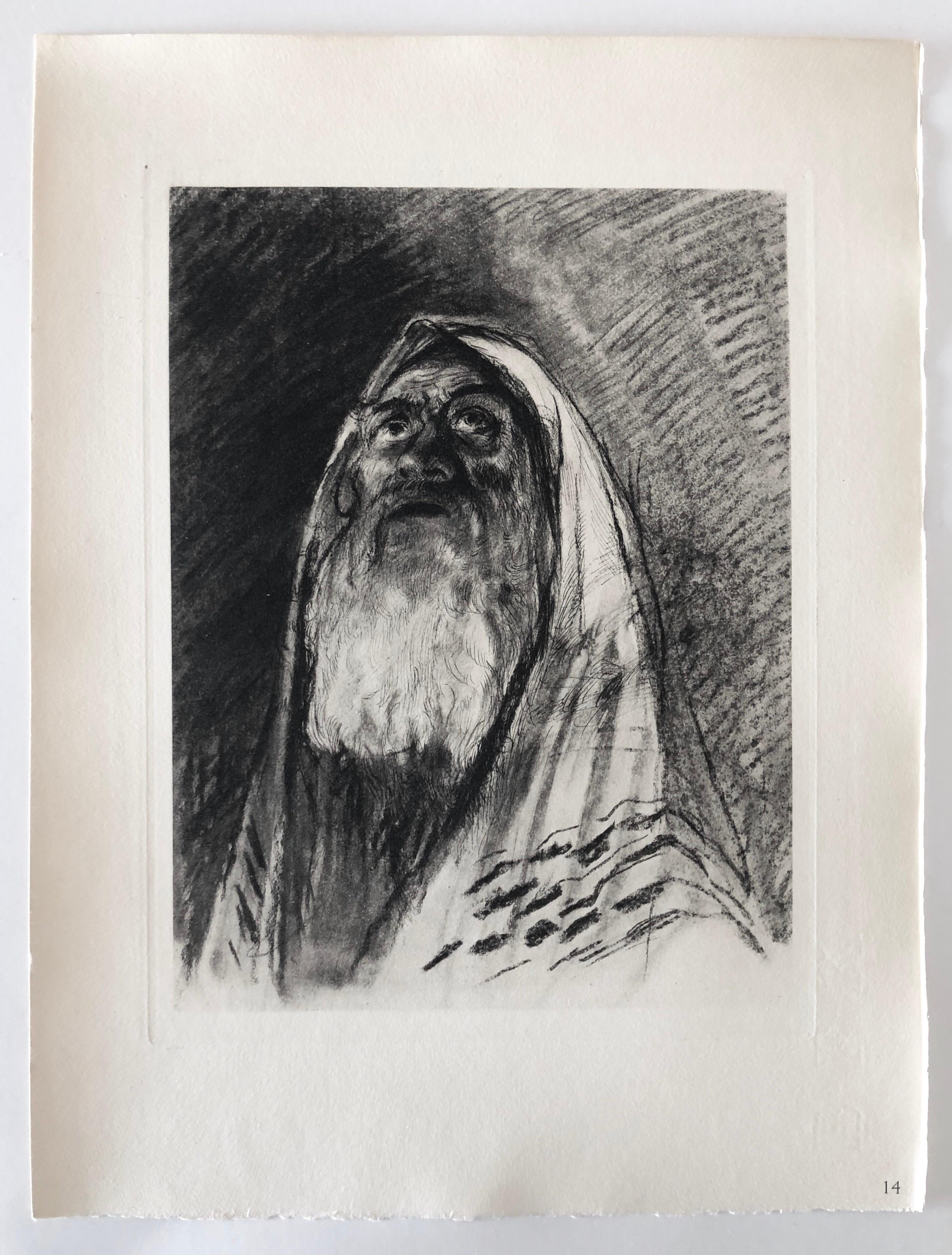 Judaica Jewish Shtetl Etching Hasidic Rabbi, Meditation Vintage Chassidic Print For Sale 1