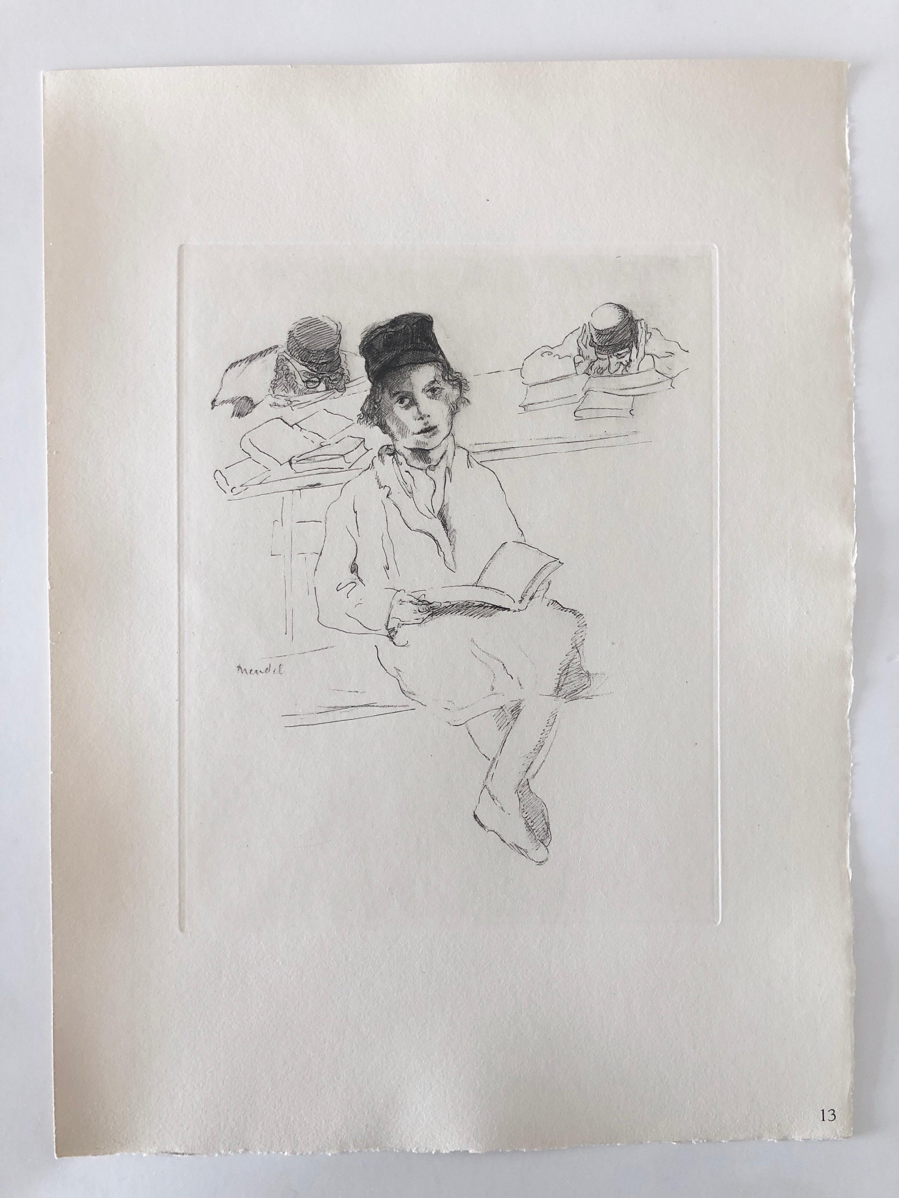Judaica Jewish Shtetl Etching Hasidic Yeshiva Student Chassidic Print 2