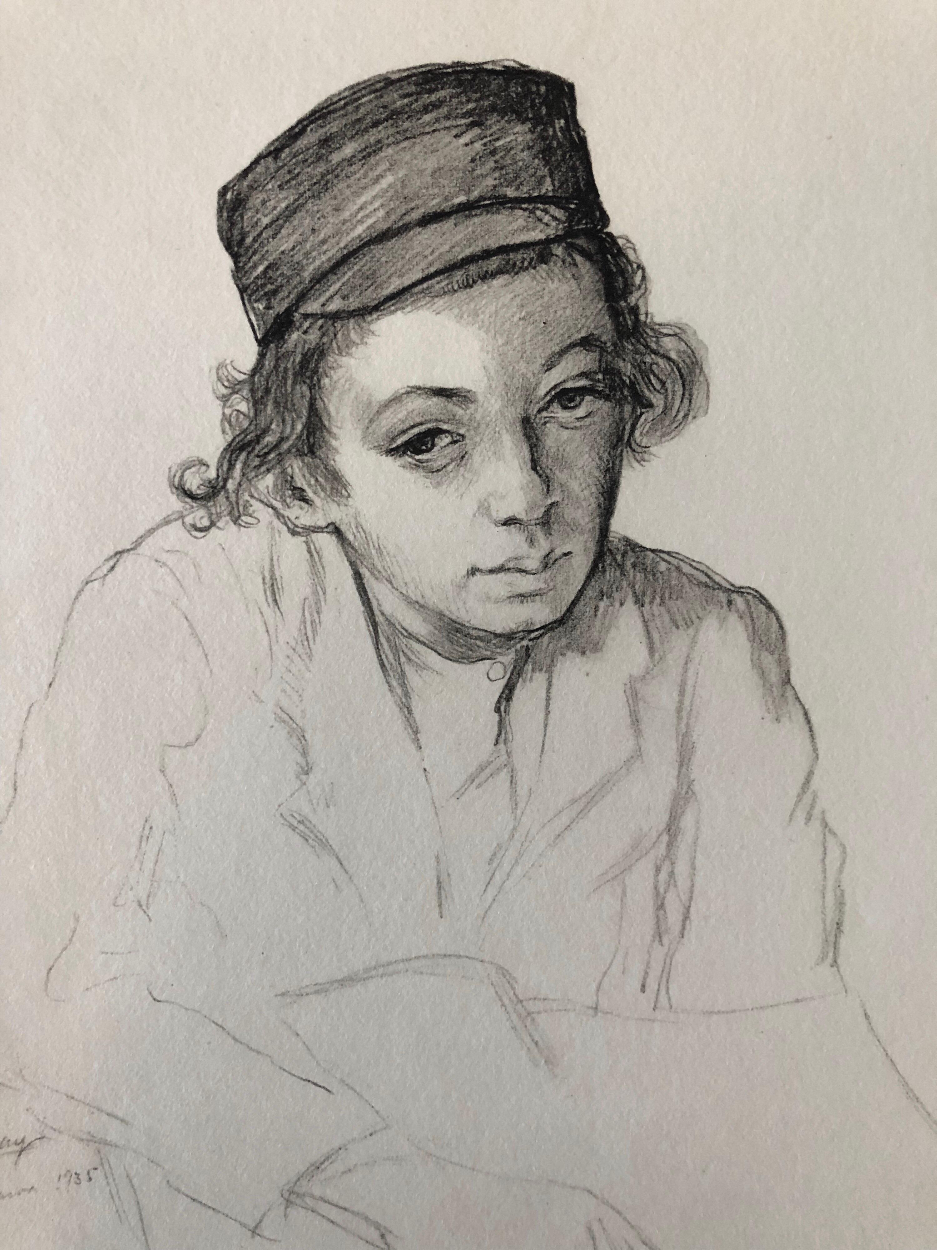 Judaica Jewish Shtetl Aguafuerte Juventud jasídica estudiando Vintage Chassidic Art Print - Figurative Print Beige de Paul Jeffay