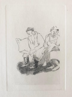 Judaica Jewish Shtetl Etching Reading the Newspaper Vintage Chassidic Art Print