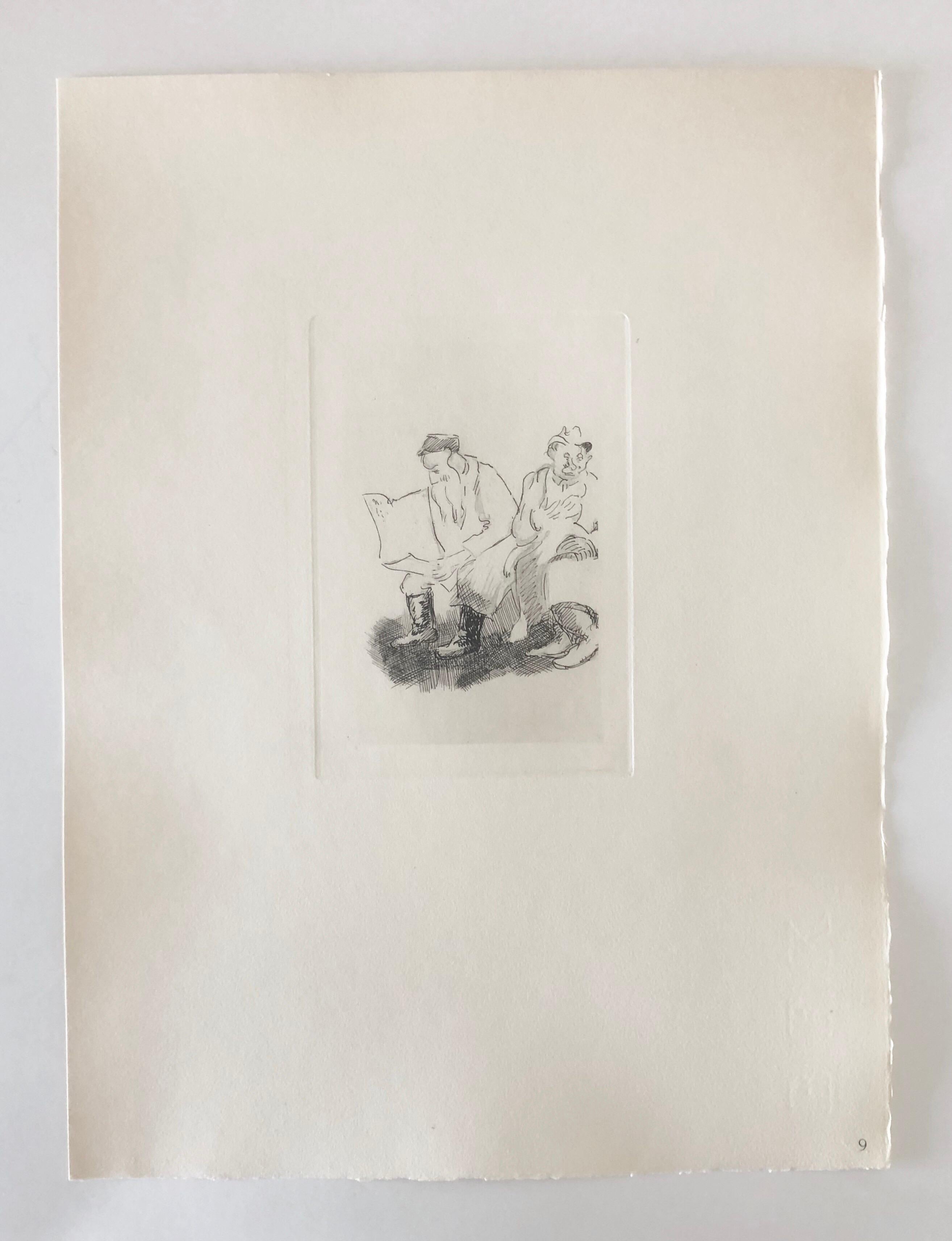Judaica Jewish Shtetl Aguafuerte Lectura del Periódico Vintage Chassidic Art Print en venta 2