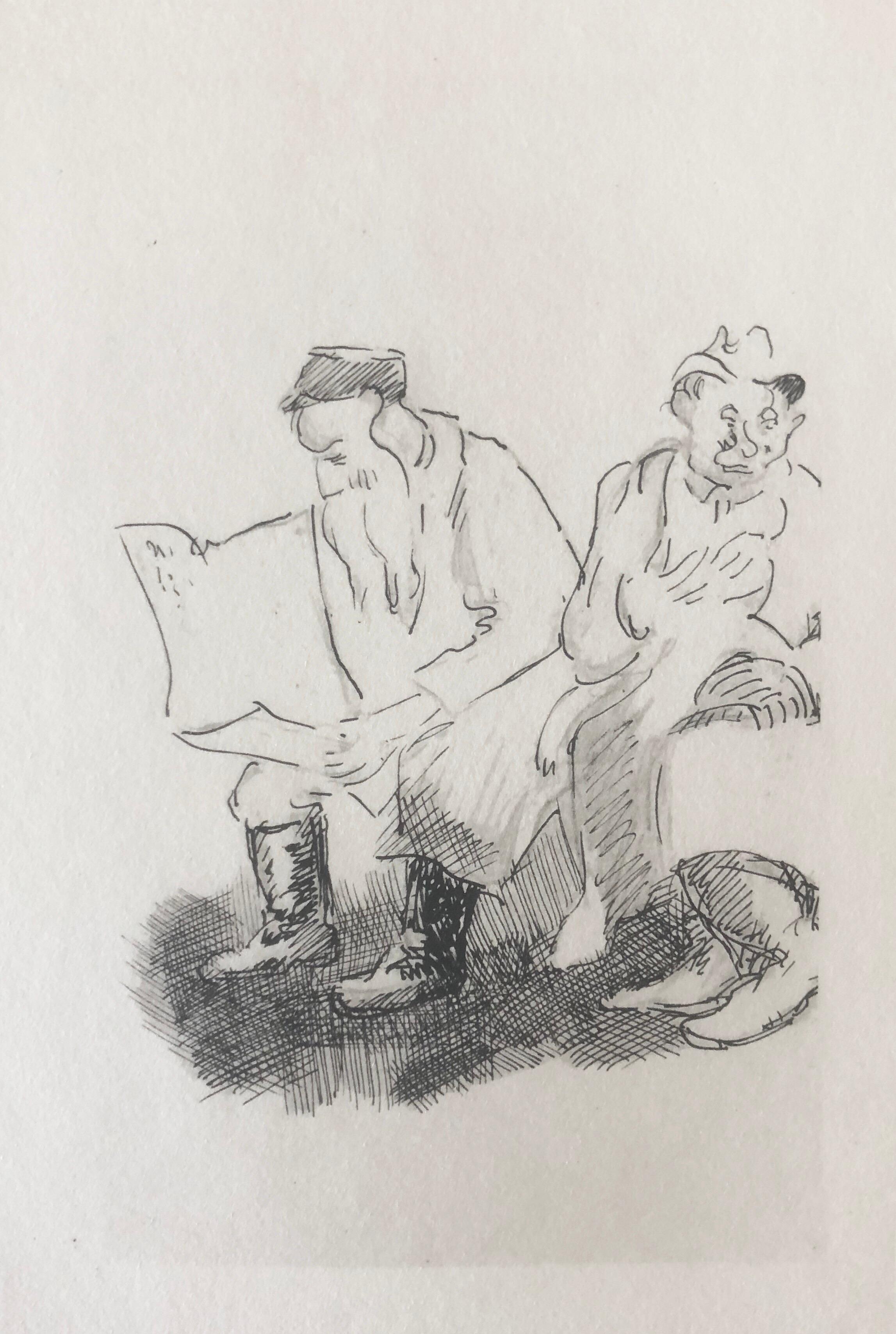 Figurative Print de Paul Jeffay - Judaica Jewish Shtetl Aguafuerte Lectura del Periódico Vintage Chassidic Art Print