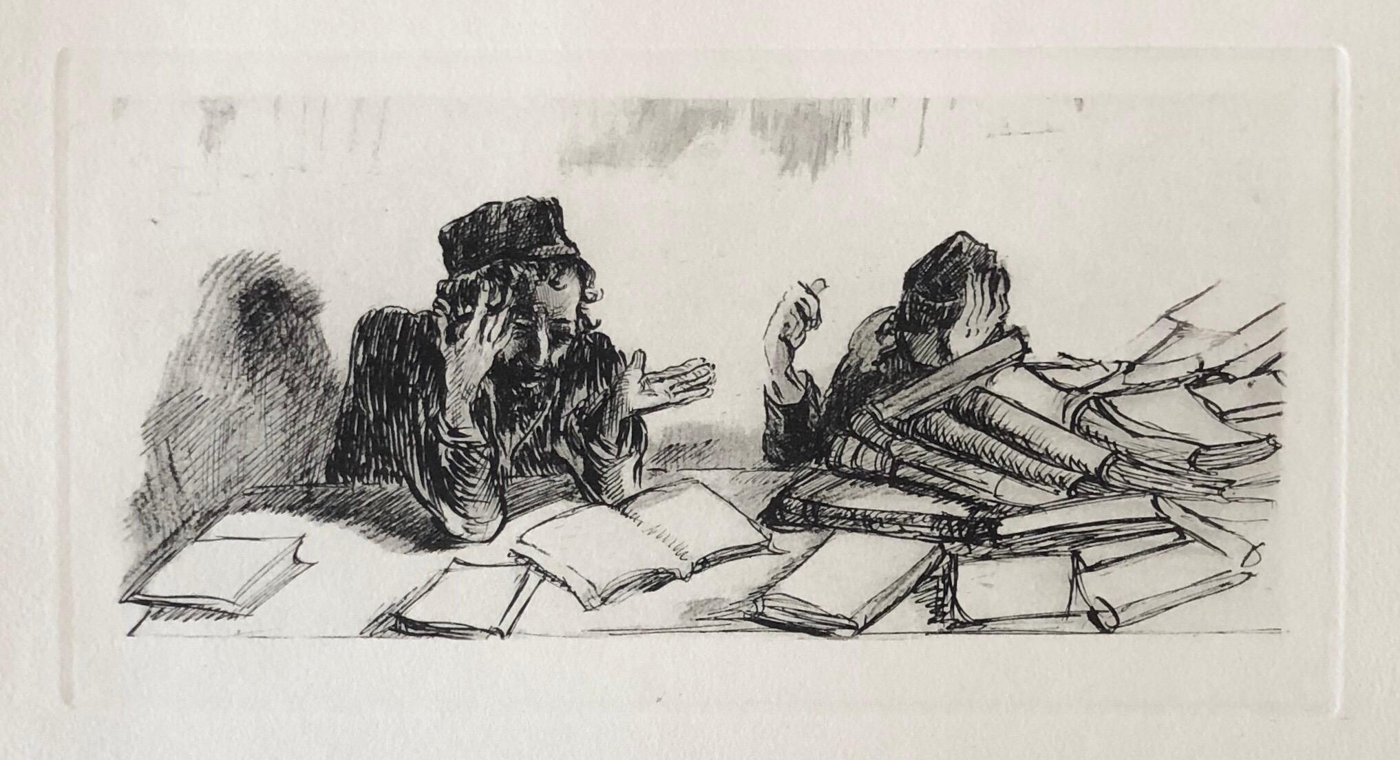 Judaica Jewish Shtetl Grabado Yeshiva Talmudic Study Vintage Chassidic Art Print - Figurative Print Beige de Paul Jeffay