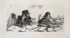 Judaica Jewish Shtetl Etching Yeshiva Talmudic Study Vintage Chassidic Art Print