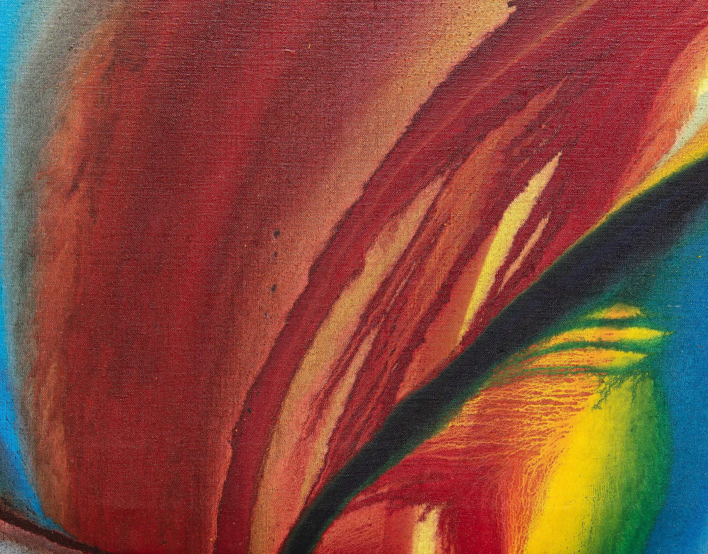 Ein Gemälde von Paul Jenkins. Dieses abstrakte Acrylbild ohne Titel auf Leinwand wurde von dem abstrakten Expressionisten Paul Jenkins in einer üppigen und leuchtenden Palette von Blau-, Rot-, Gelb- und Violetttönen gemalt. Signiert unten in der
