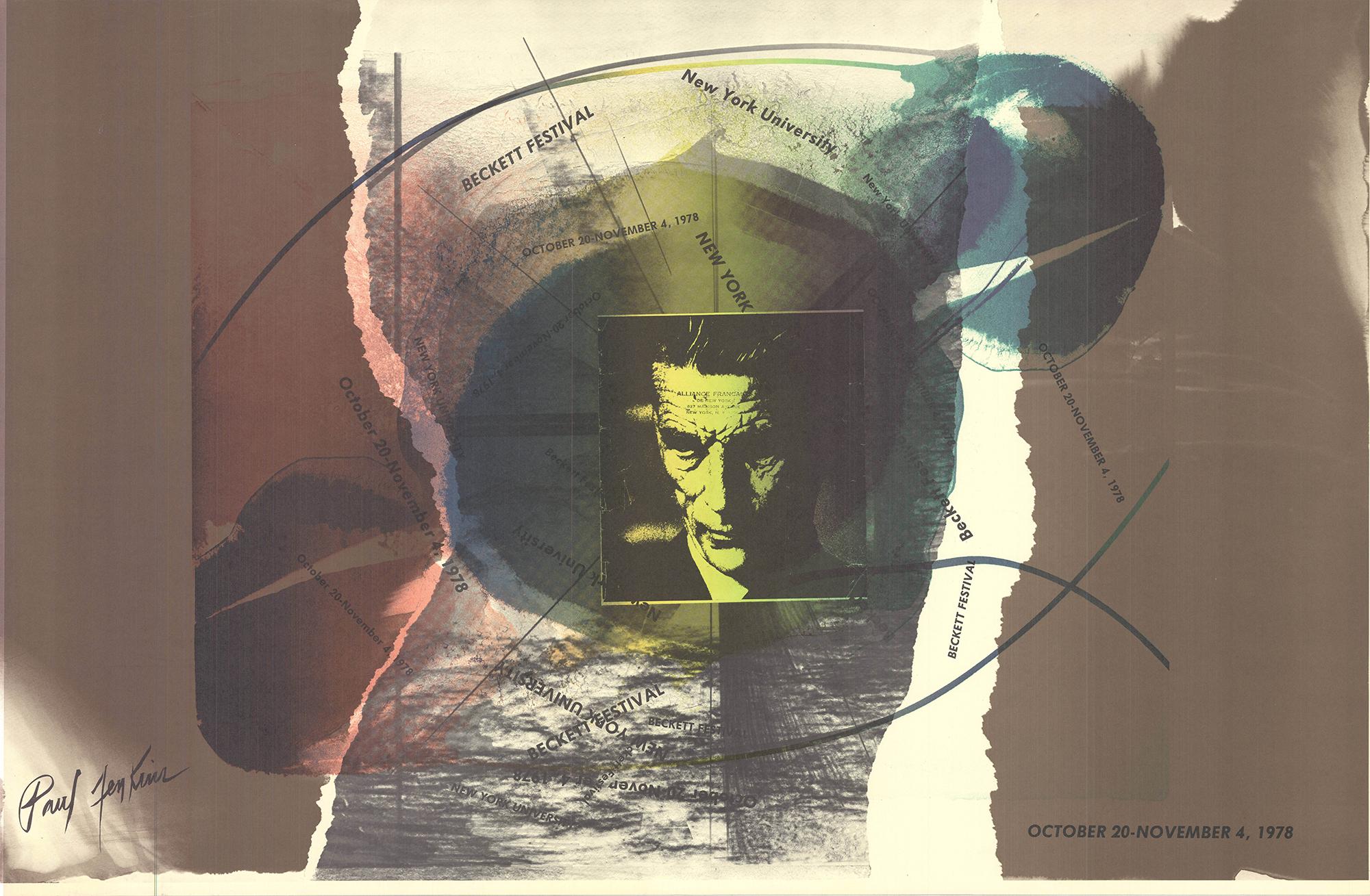 Original exhibition poster, plate signed.

This compelling composition by Paul Jenkins merges abstraction with literary homage, created for The Beckett Festival in 1978. At its center is a striking portrait of Samuel Beckett, surrounded by layered