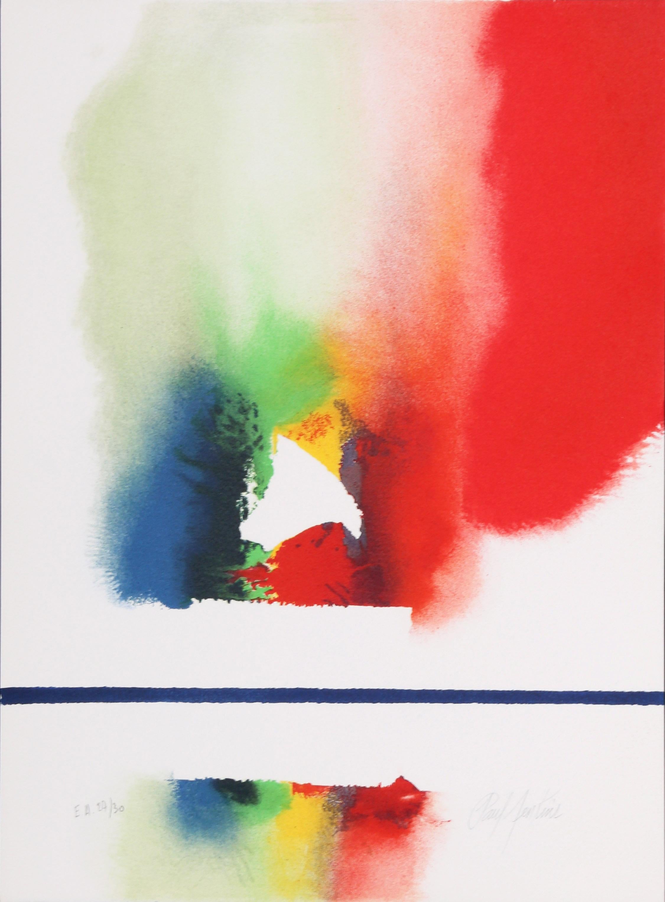 A lithograph from the portfolio "Le Couleur est un Chemin" or "The Color is a Path", a collection by Paul Jenkins that also includes several poems. This abstract piece is signed and numbered on the front of the print as well as on the colophon of