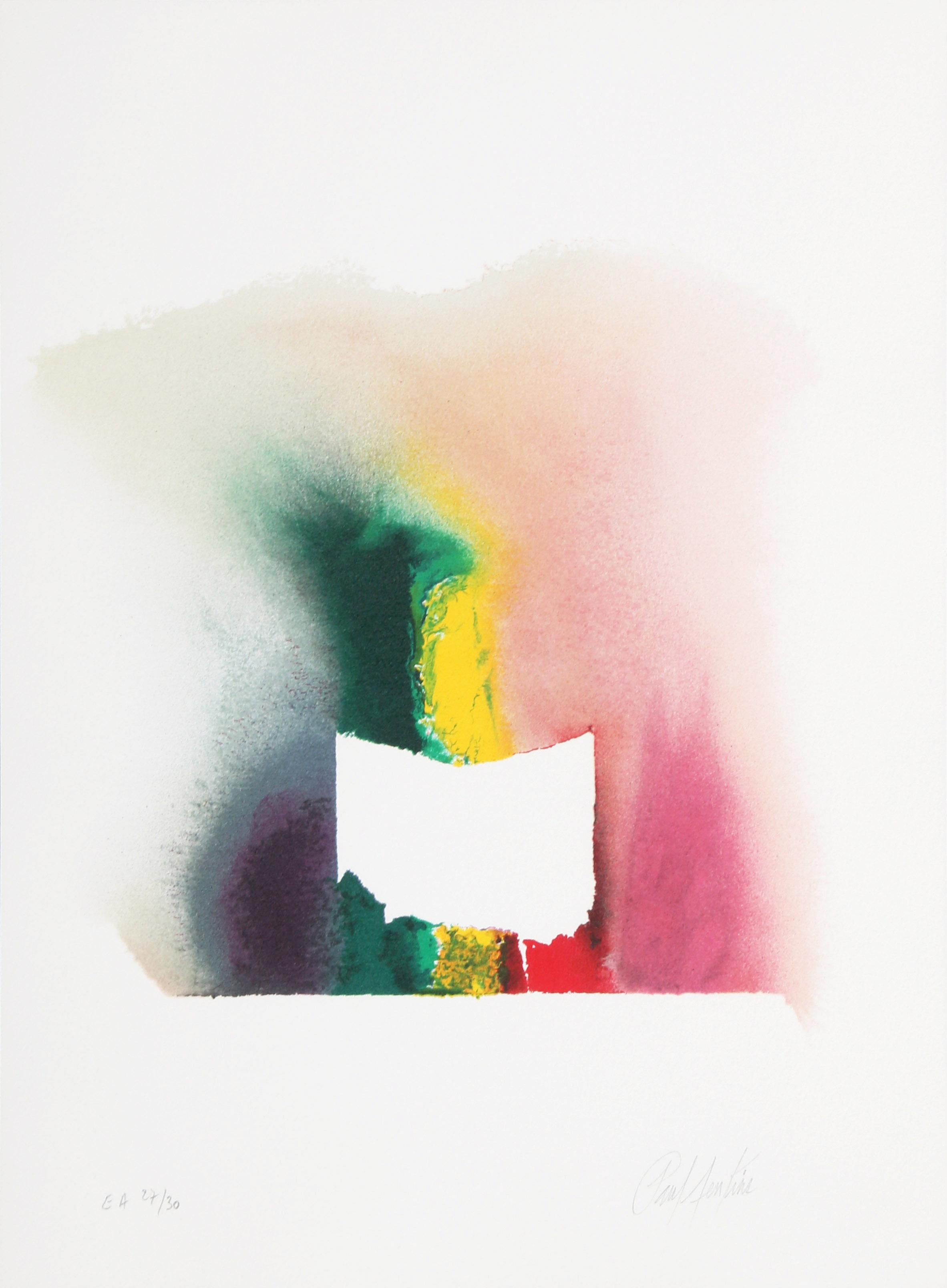 A lithograph from the portfolio "Le Couleur est un Chemin" or "The Color is a Path", a collection by Paul Jenkins that also includes several poems. This abstract piece is signed and numbered on the front of the print as well as on the colophon of