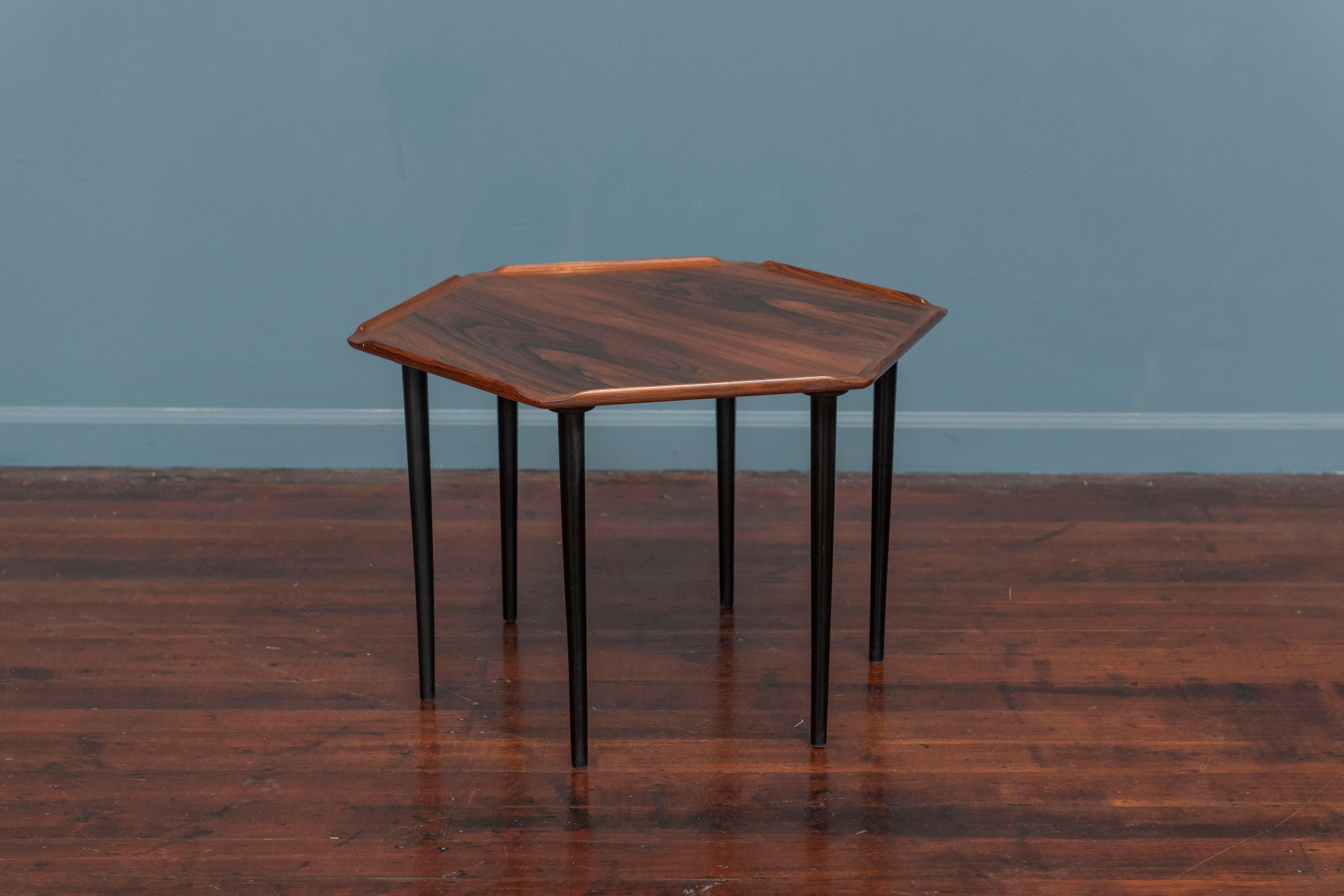 Paul Jensen design rosewood hexagonal side table with ebonized legs for Selling, Denmark.